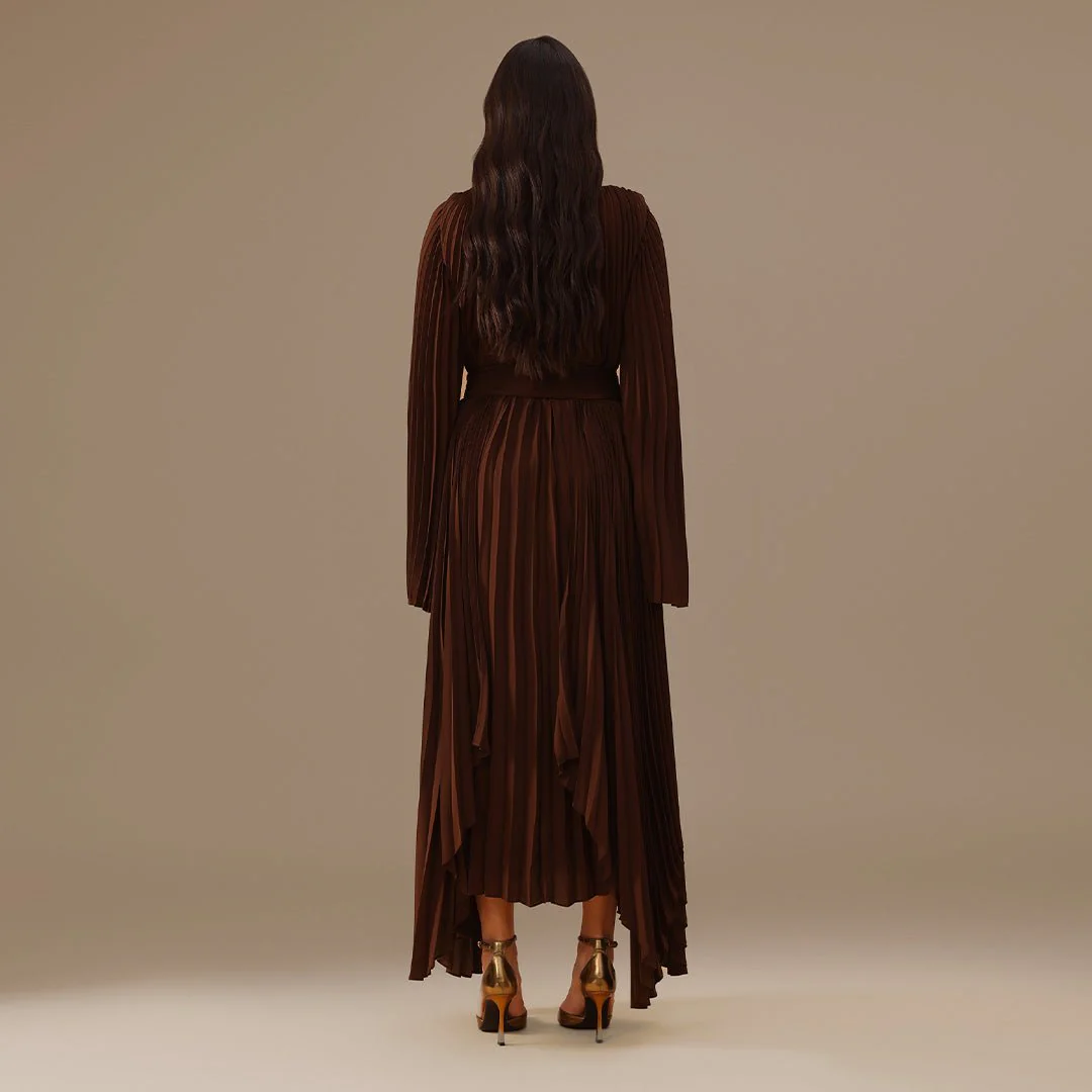 Brown All Pleats Long Sleeve Chiffon Dress - Image 4