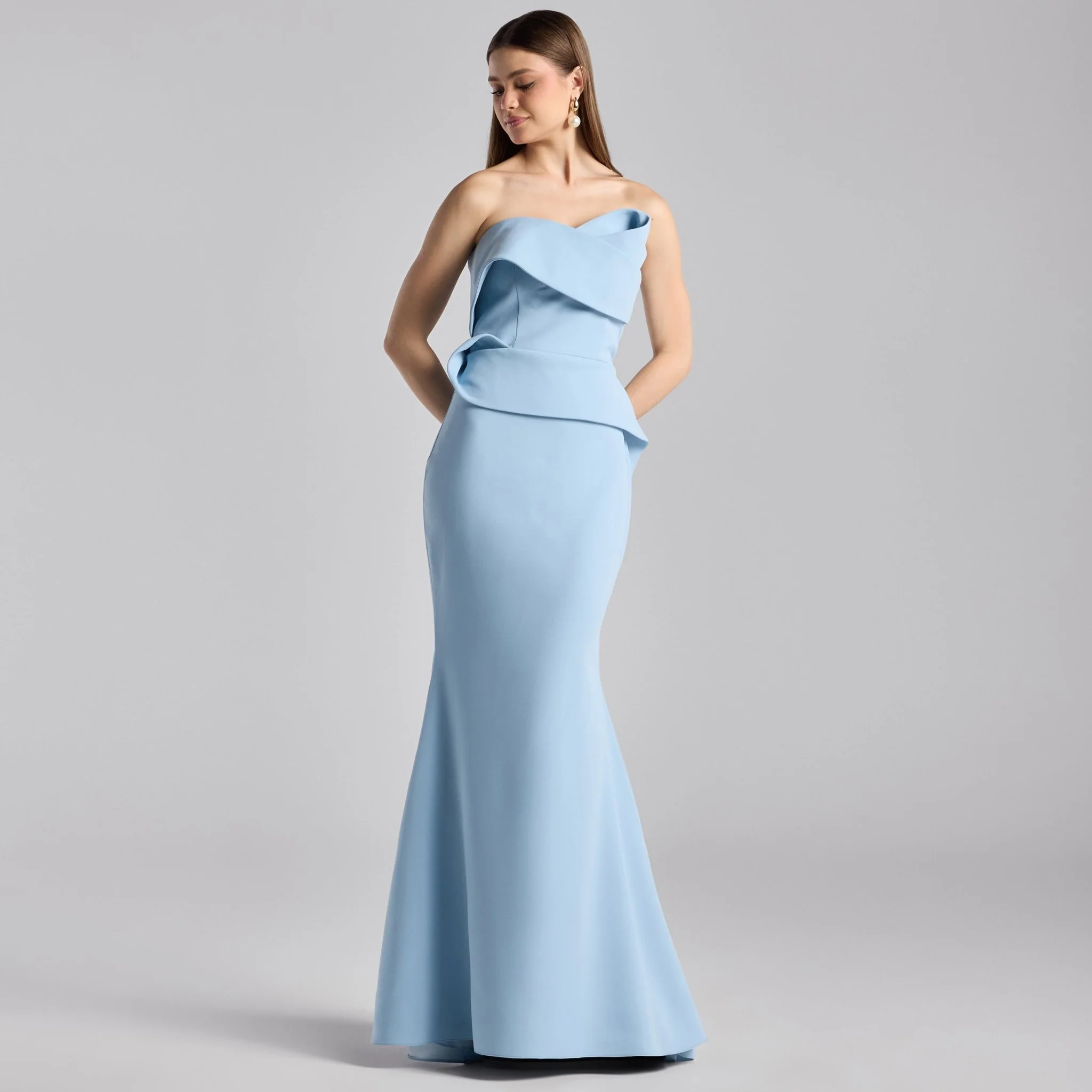 Baby Blue Crepe Gown with Peplum Drape