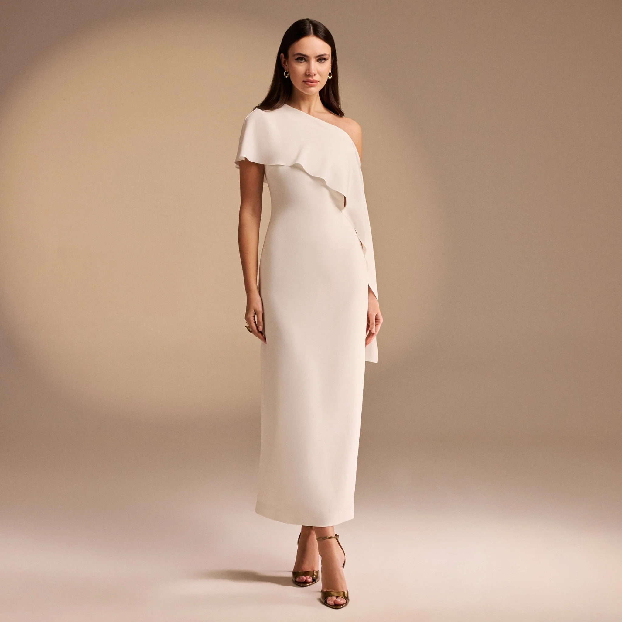 Off White Bare Shoulder Crepe Maxi Dress