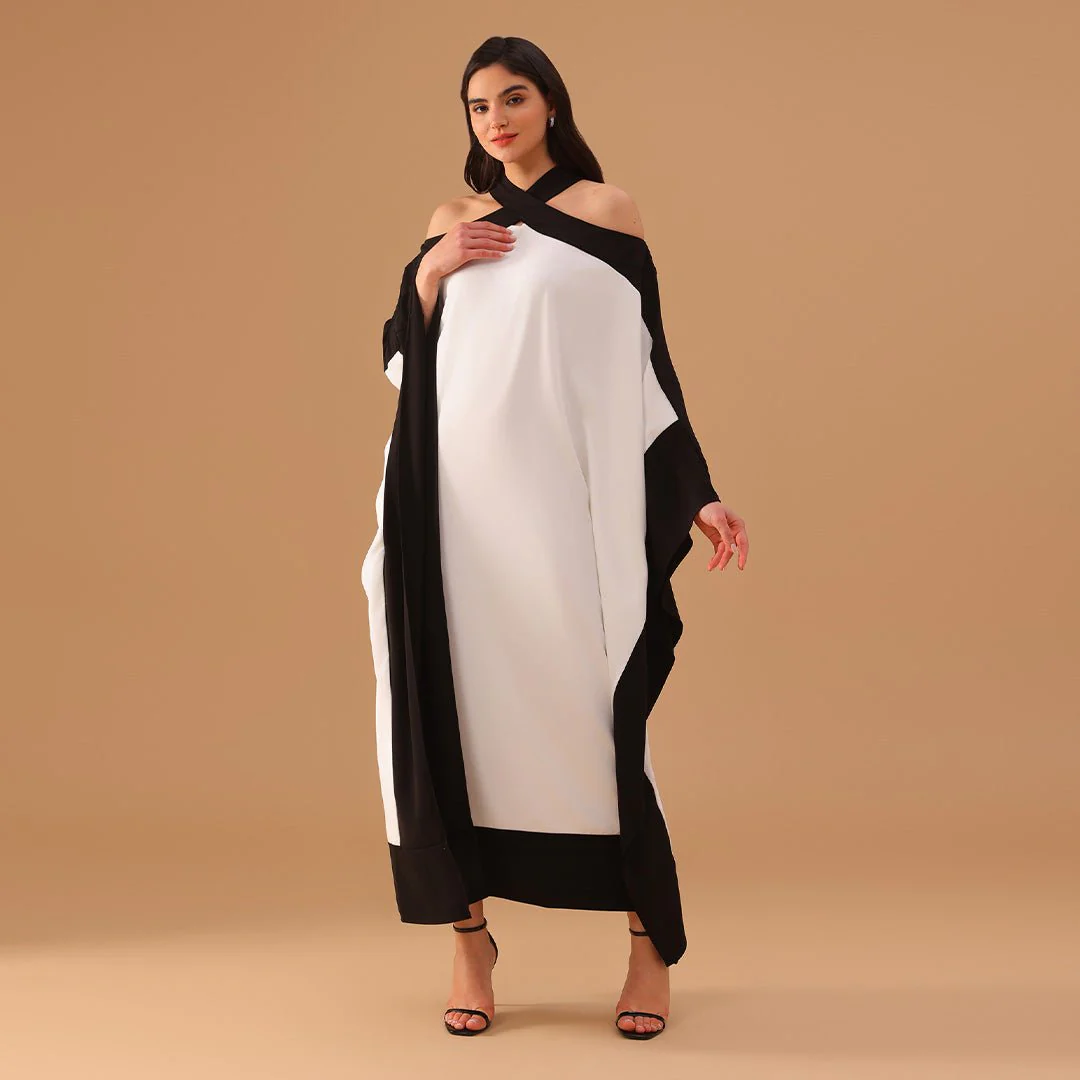 Black and White Halter Neck Bare Shoulders Crepe Kaftan - Image 3