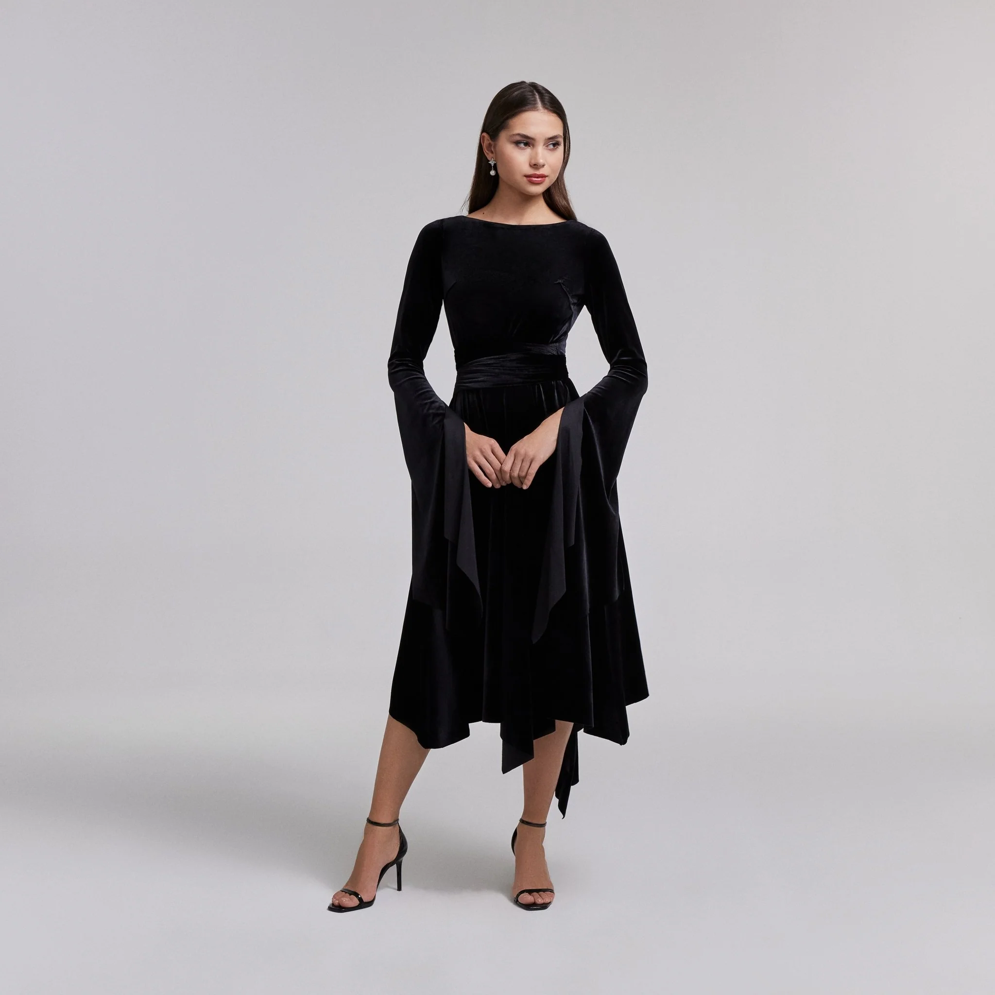 Black Cape Sleeve Twist-Waist Velvet Dress