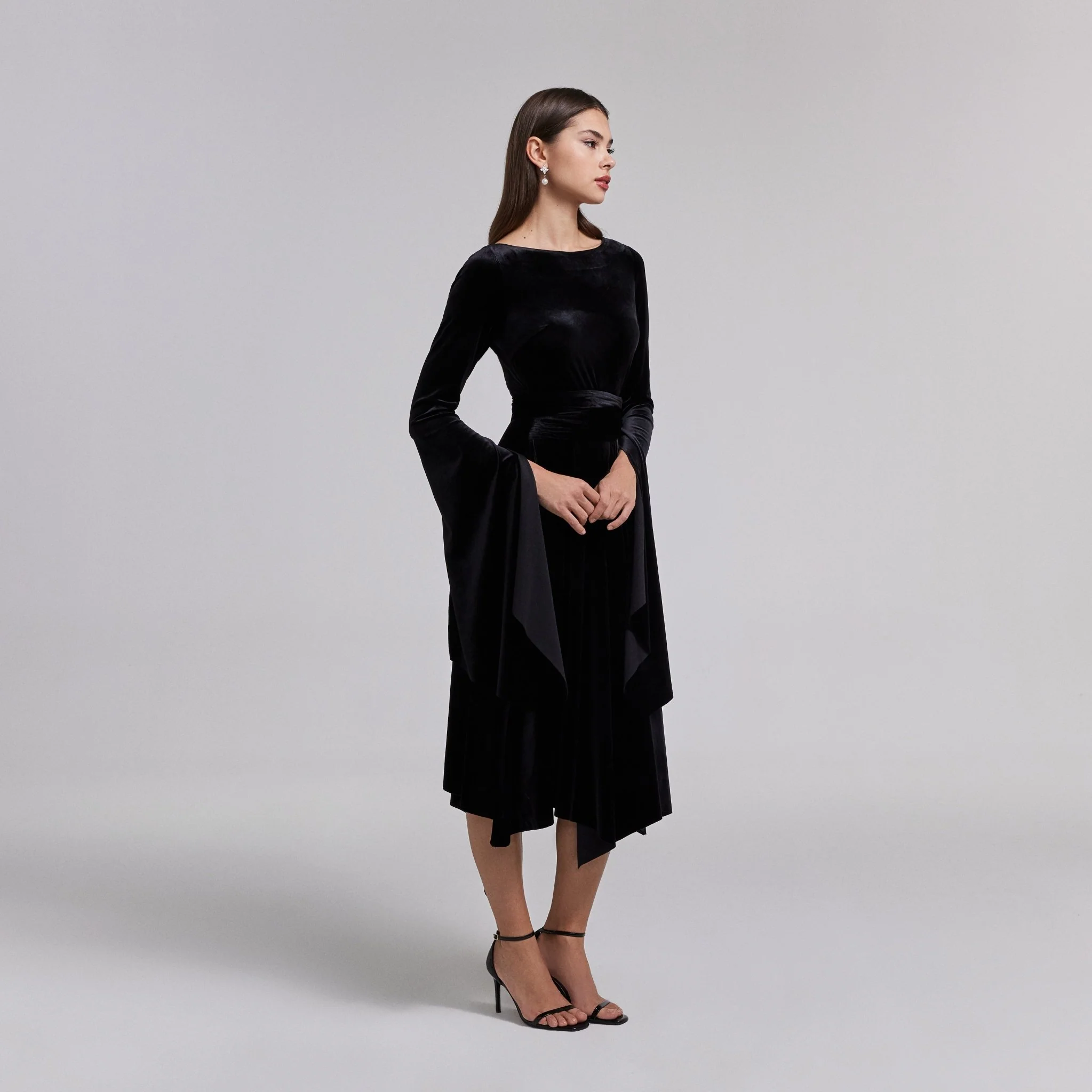 Black Cape Sleeve Twist-Waist Velvet Dress - Image 2