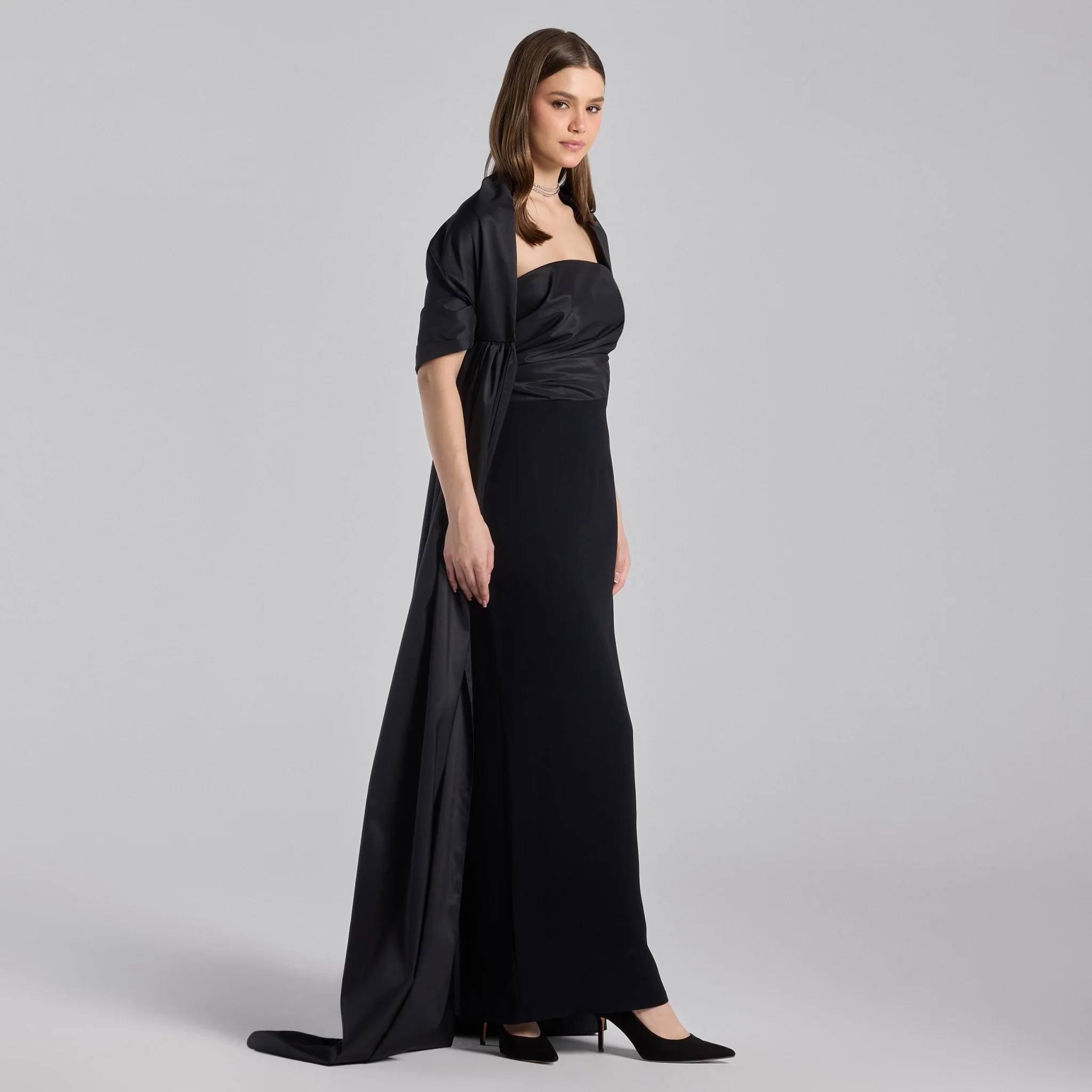 Black Strapless Maxi Dress with Puff Cape Sleeves - Image 2