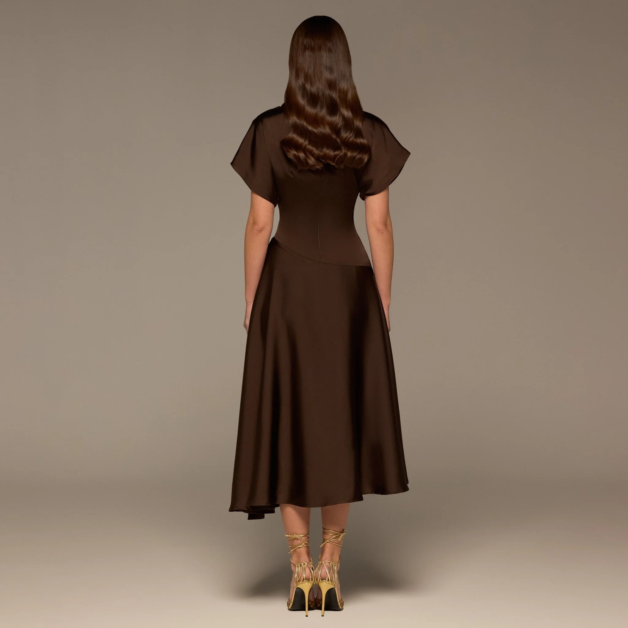 Brown Draped Satin Midi Dress - Image 5