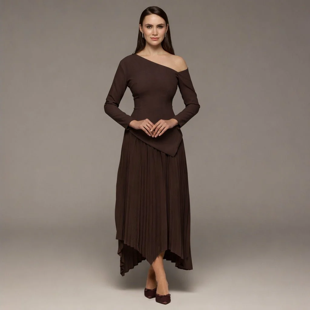 Brown One-shoulder Crepe Dress With Pleated Skirt