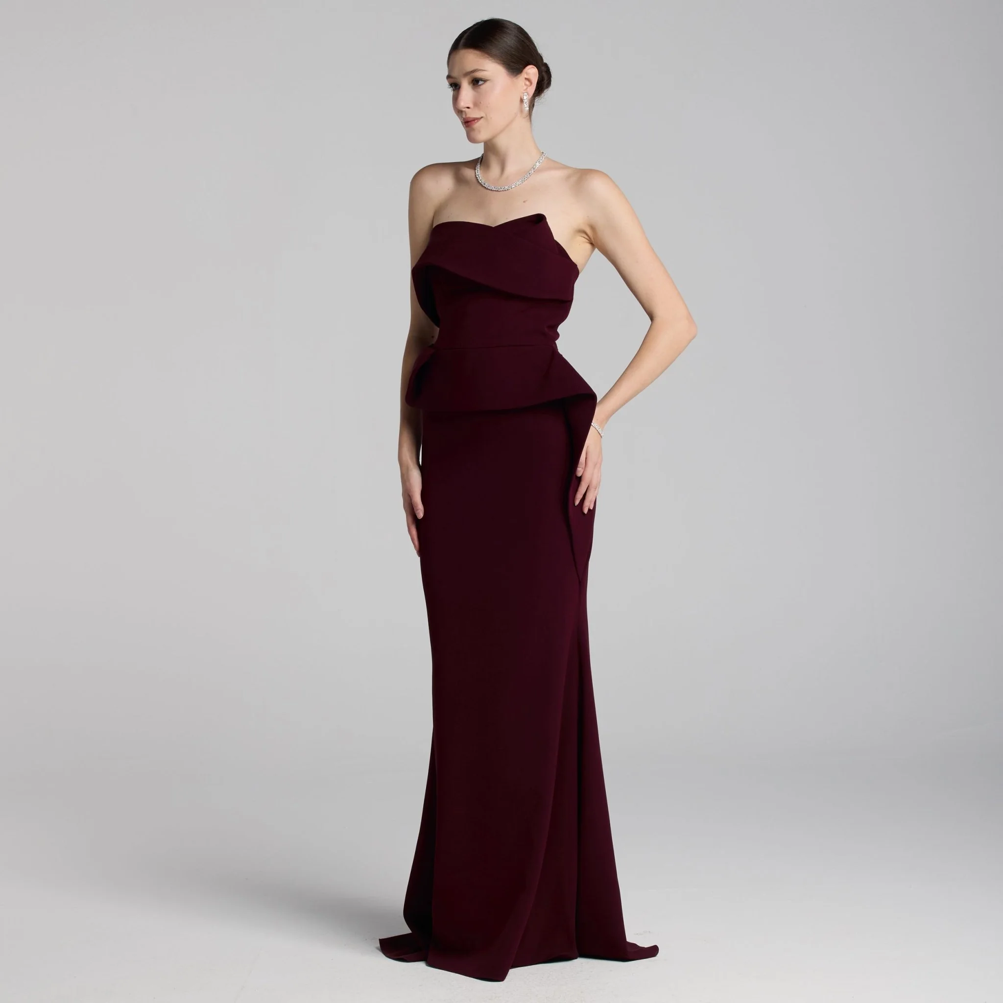 Burgundy Crepe Gown with Peplum Drape