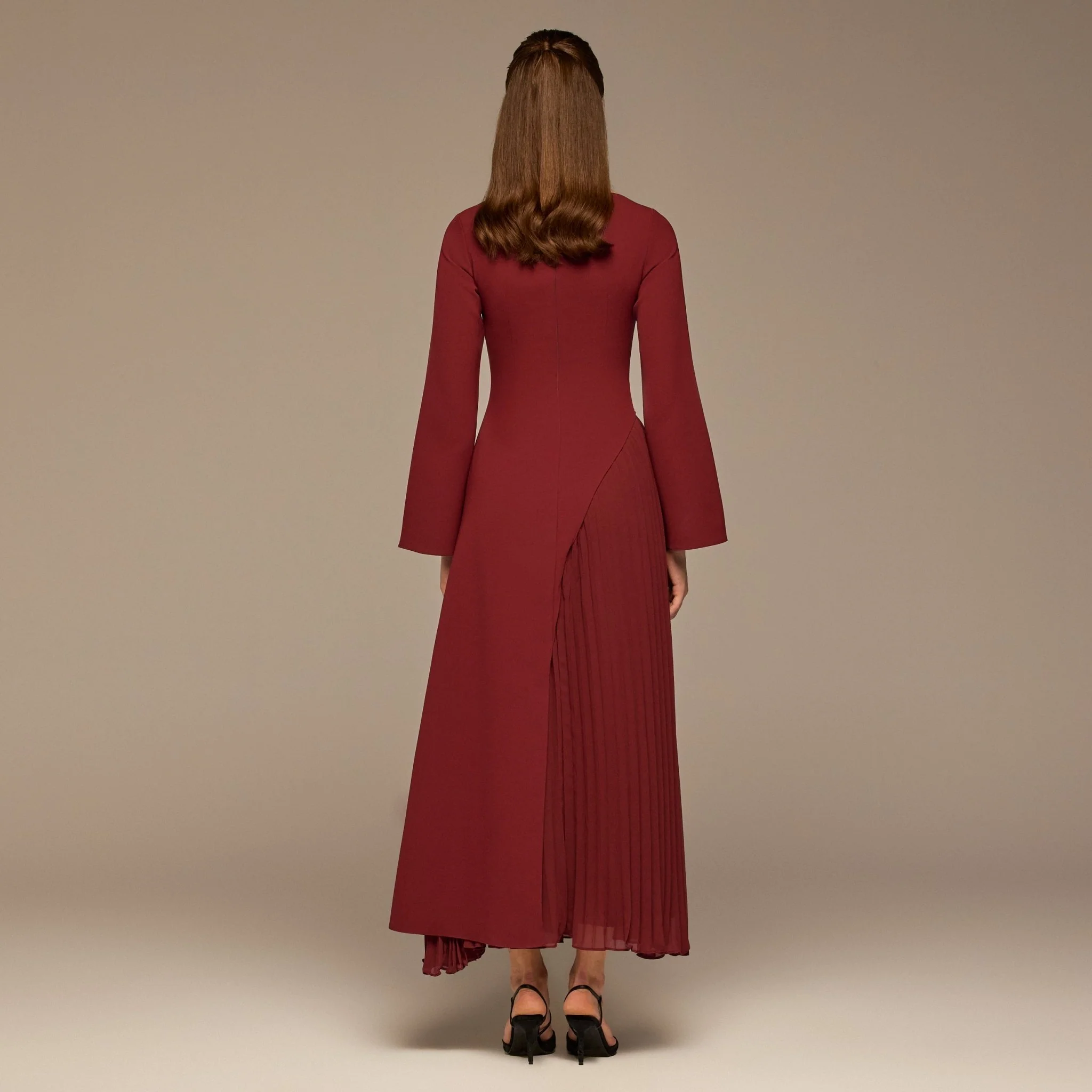 Burgundy Crepe Maxi Dress with Side Pleated Panel - Image 5