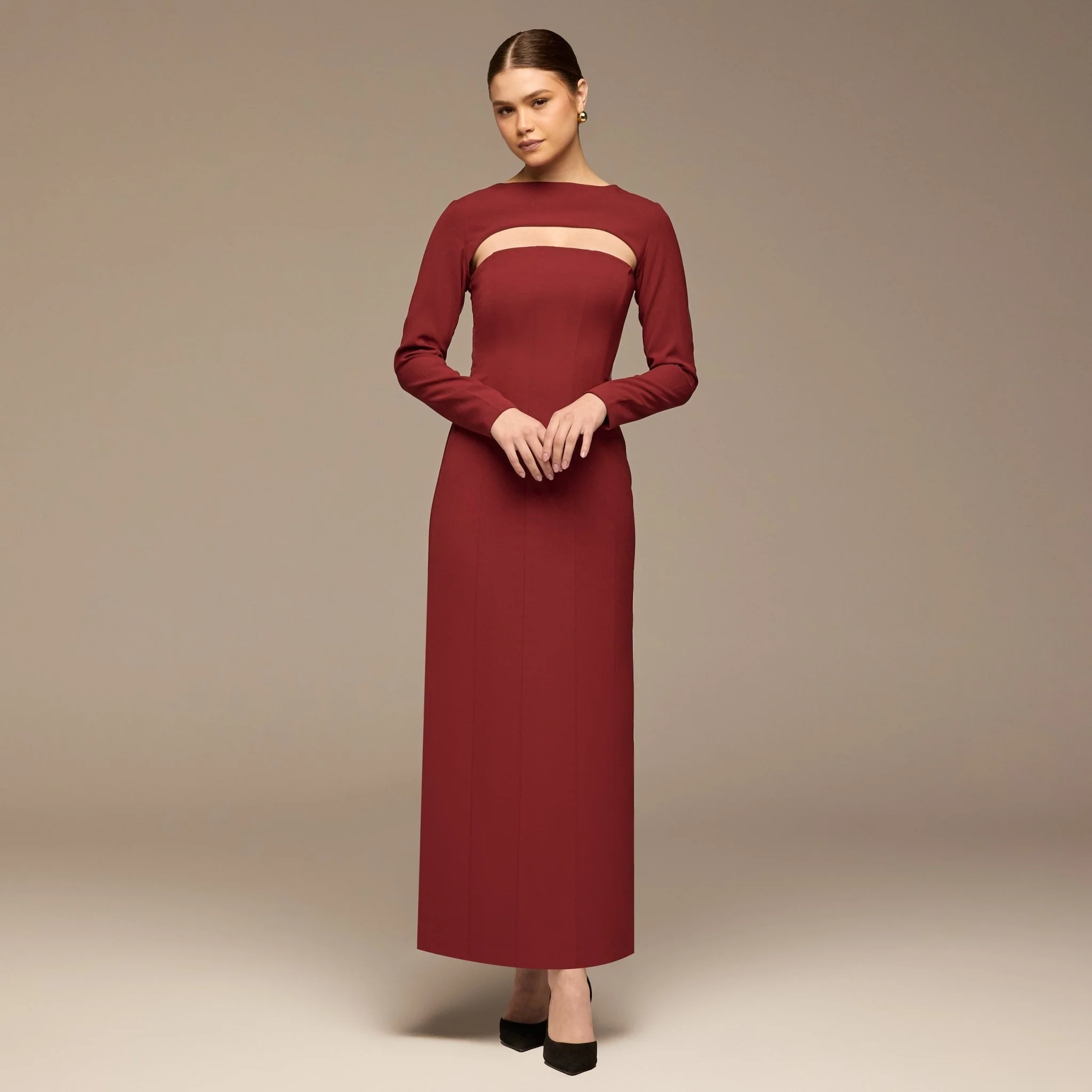 Burgundy Cut-Out Crepe Maxi Dress