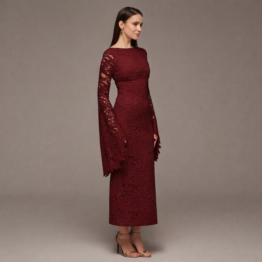 Burgundy Lace Long Sleeve Maxi Dress