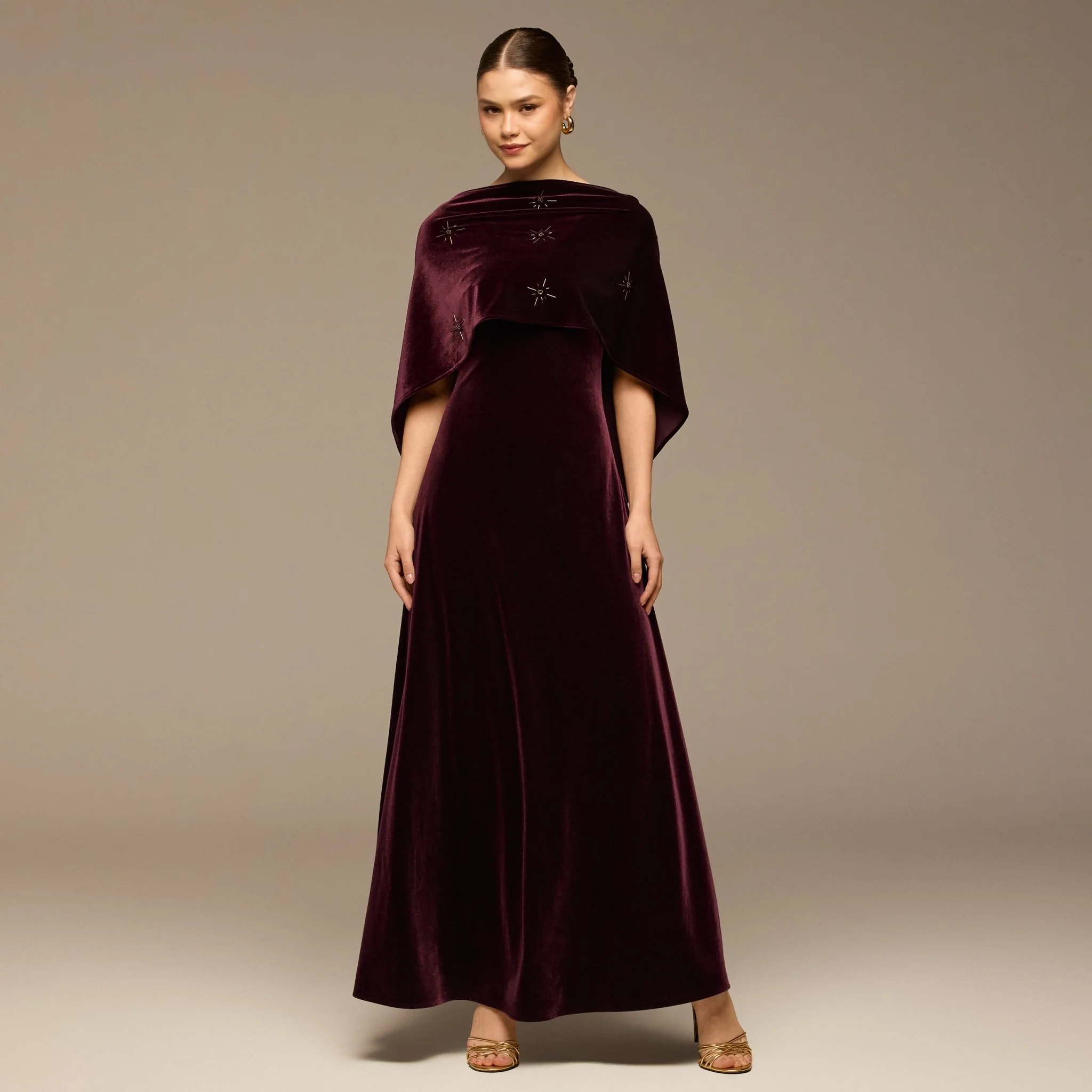 Burgundy Beaded Velvet Maxi Dress