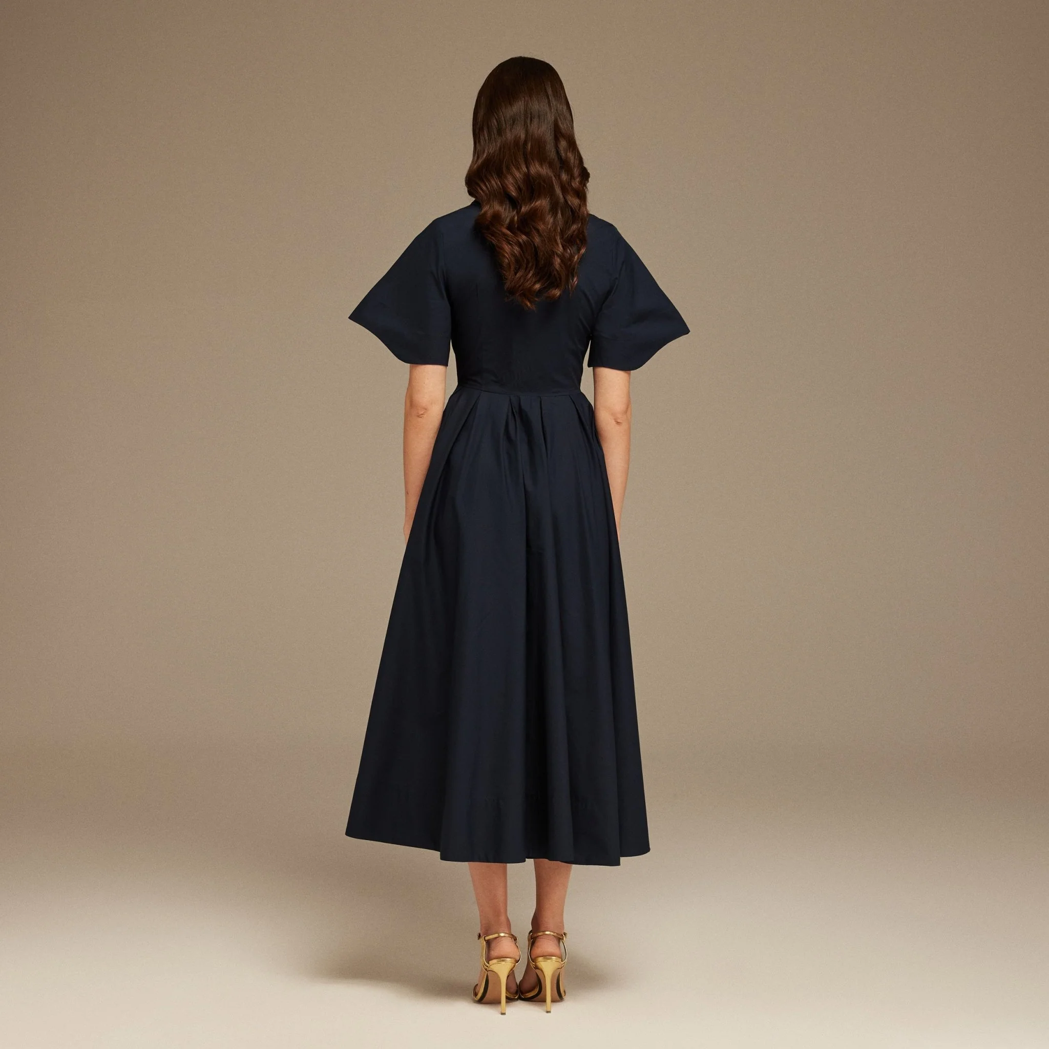 Navy Collard Cotton Long Aline Dress - Image 4