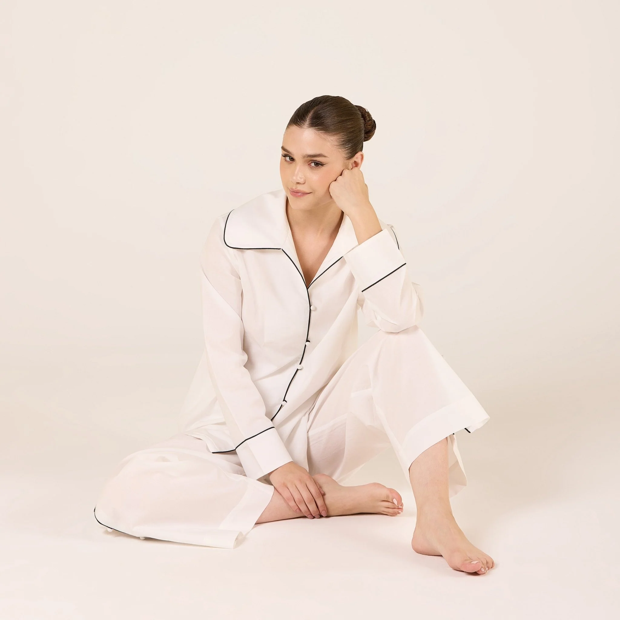 White Cotton Side Button Elastic Waist Pants - Image 3