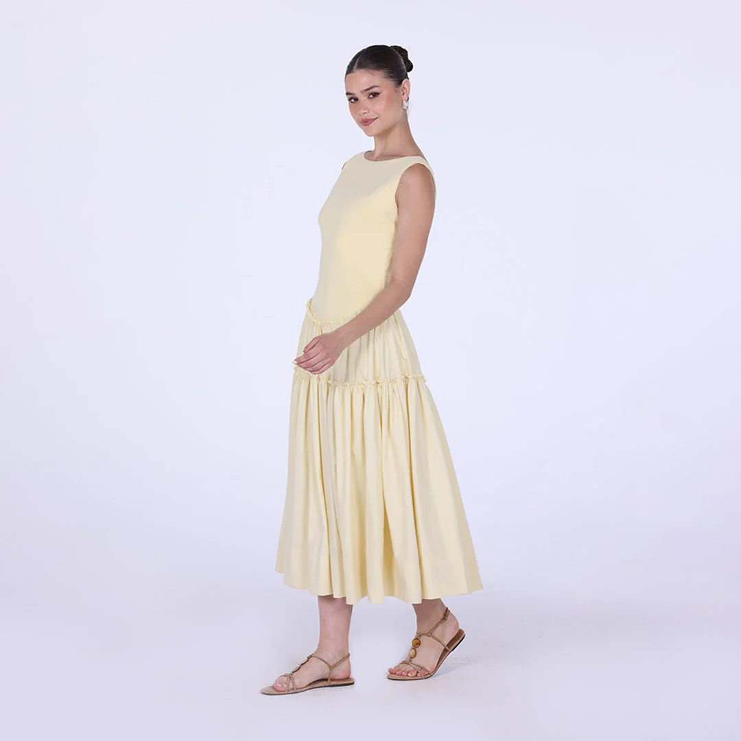 Yellow Cotton Drop Waist Midi Dress with Crinkled Linen Skirt