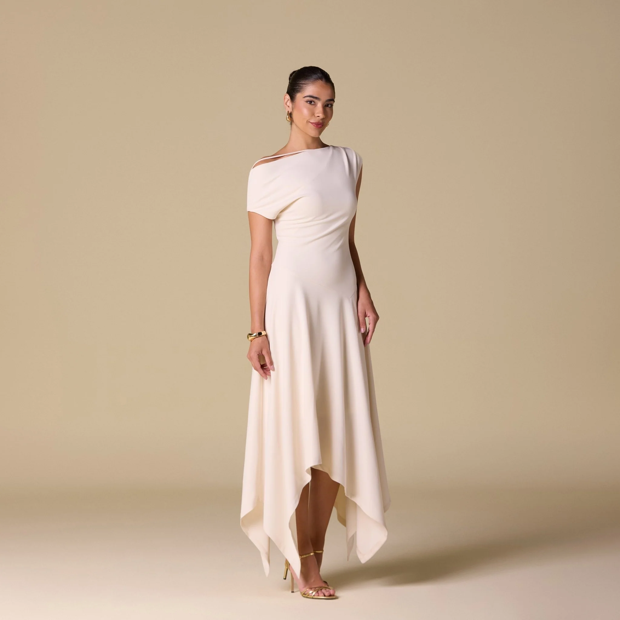Crepe Off Shoulder Asymmetric Midi Dress - Image 3