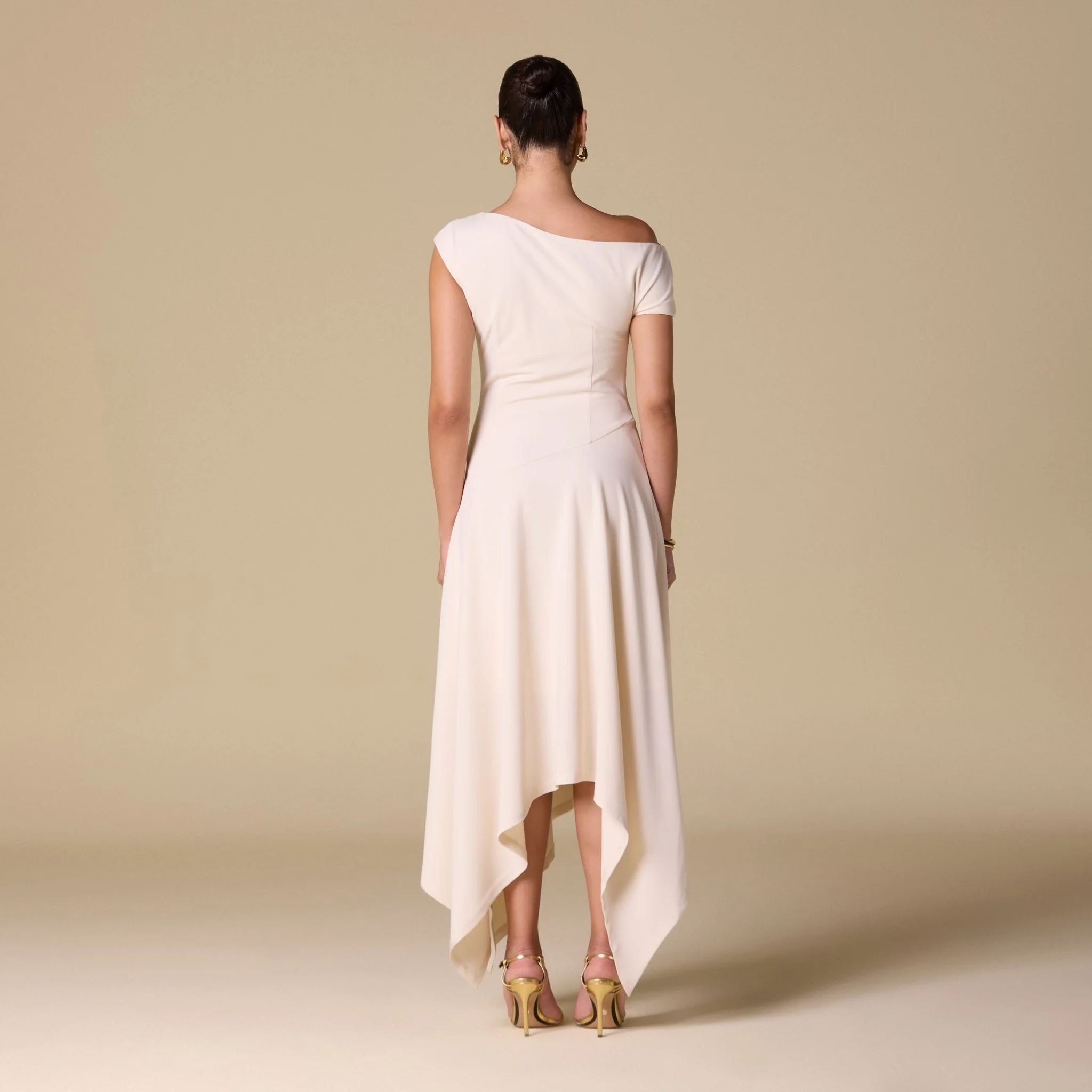 Crepe Off Shoulder Asymmetric Midi Dress - Image 5