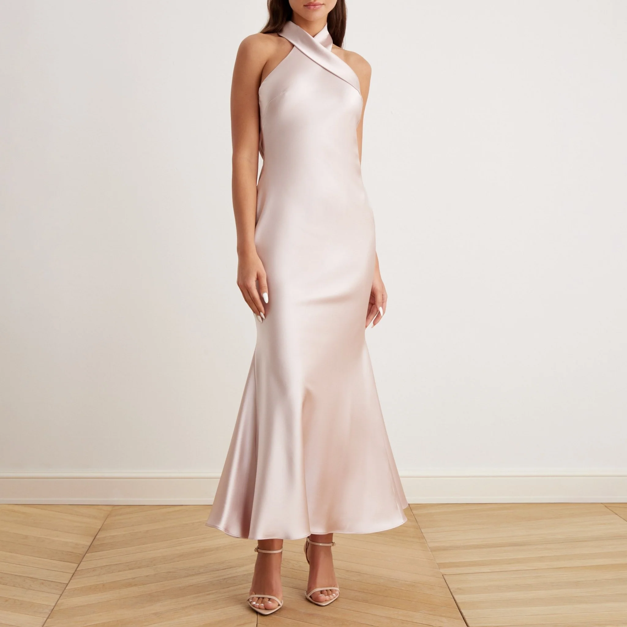 Nude Criss Cross Halter Satin Maxi Dress Light Taupe