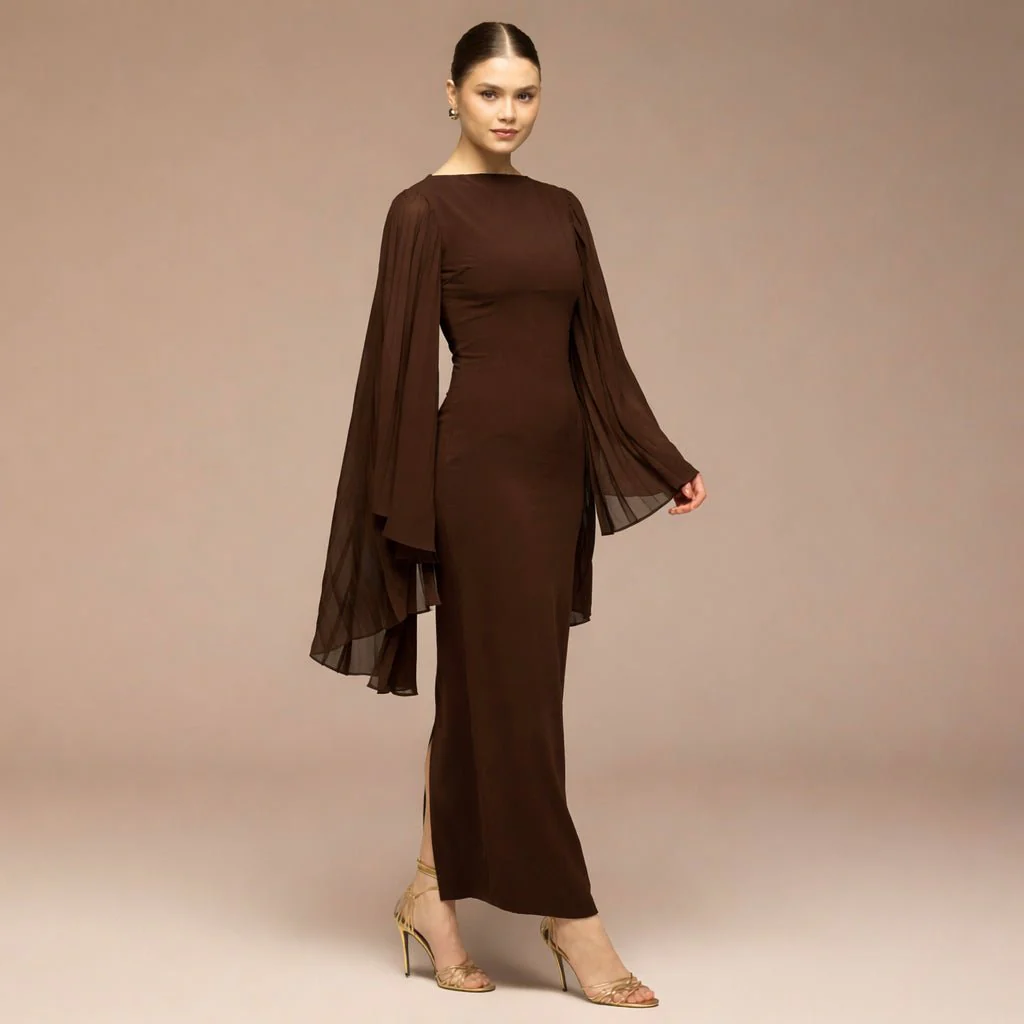 Dark Brown Boat Neck Cape Sleeve Crepe Maxi Dress - Image 2