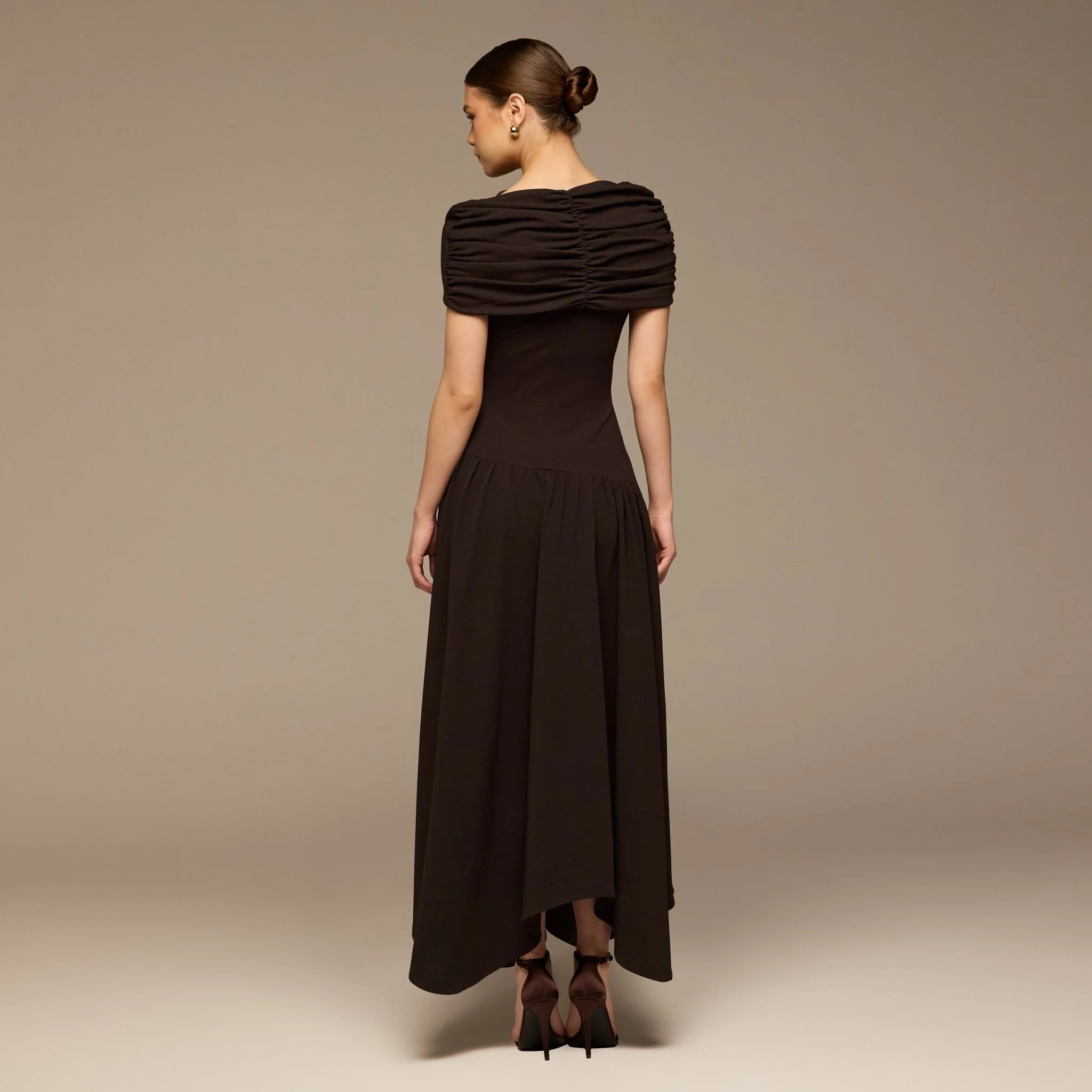 Dark Brown Dropped Waist Crepe Dress - Image 4
