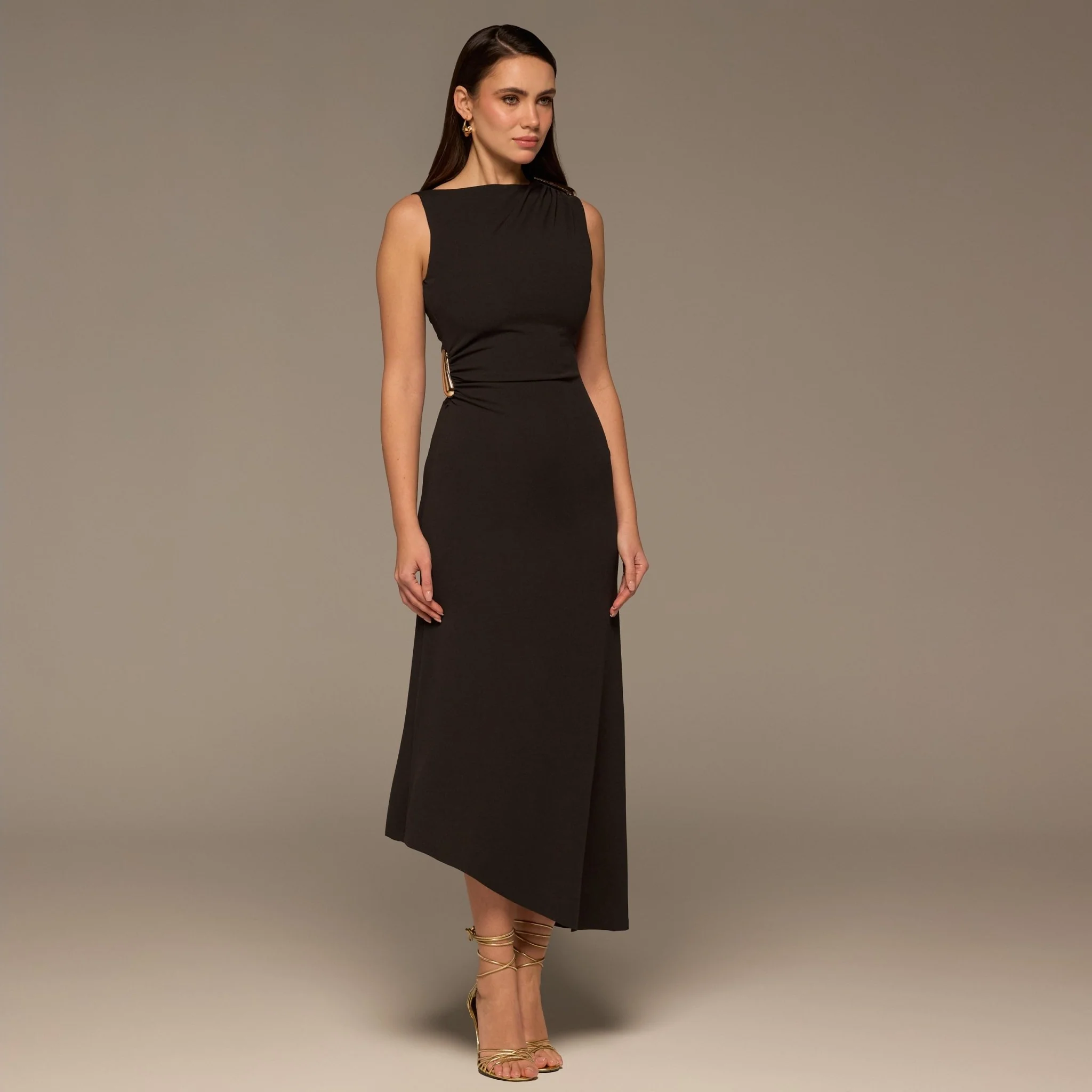 Brown Draped Asymmetric Crepe Dress - Image 2