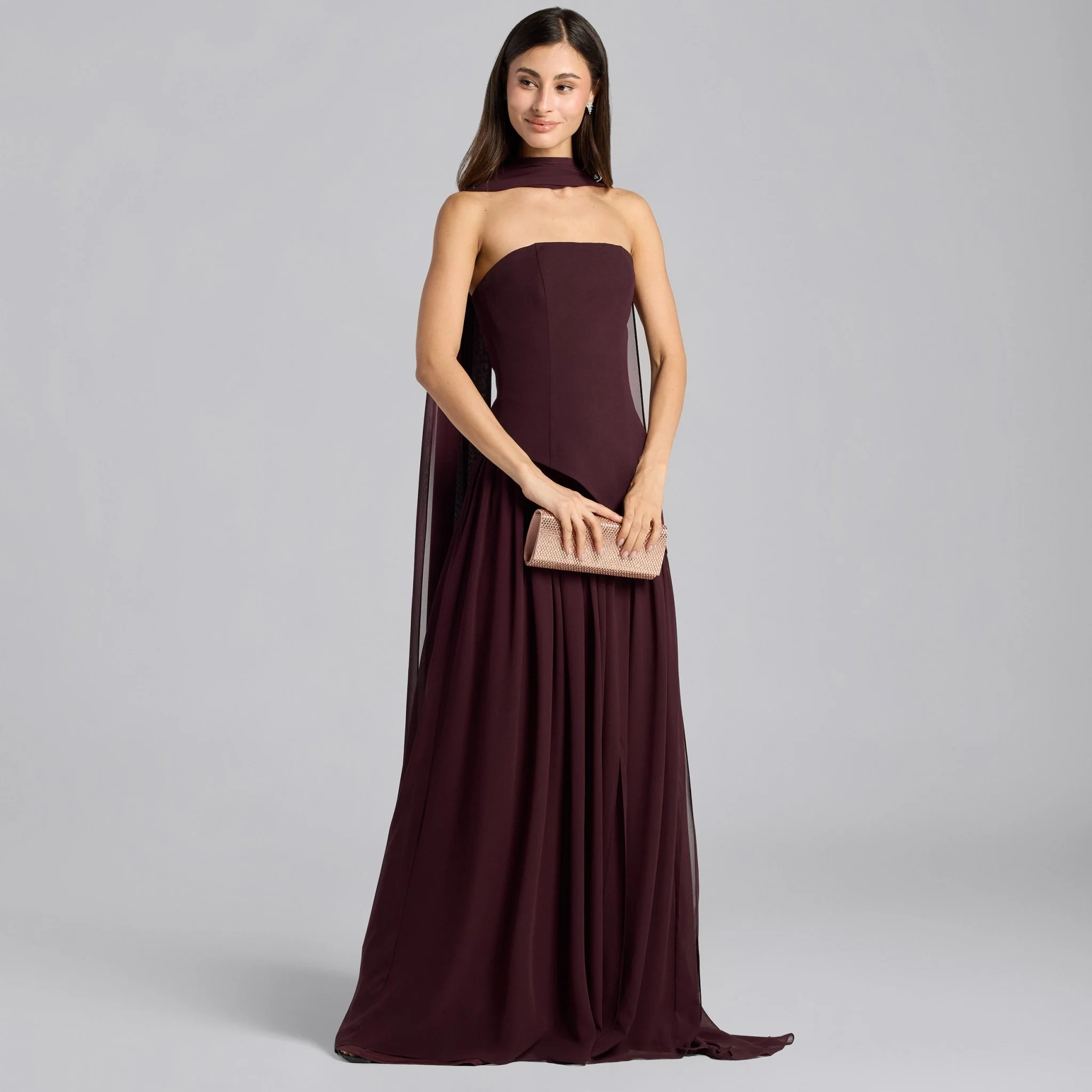 Dark Plum Crepe-Chiffon Strapless Gown