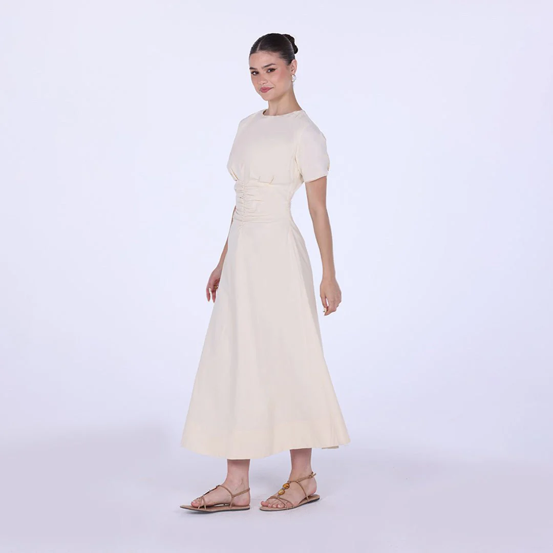 Gathered Waist Short Sleeves Linen Dress - Image 2