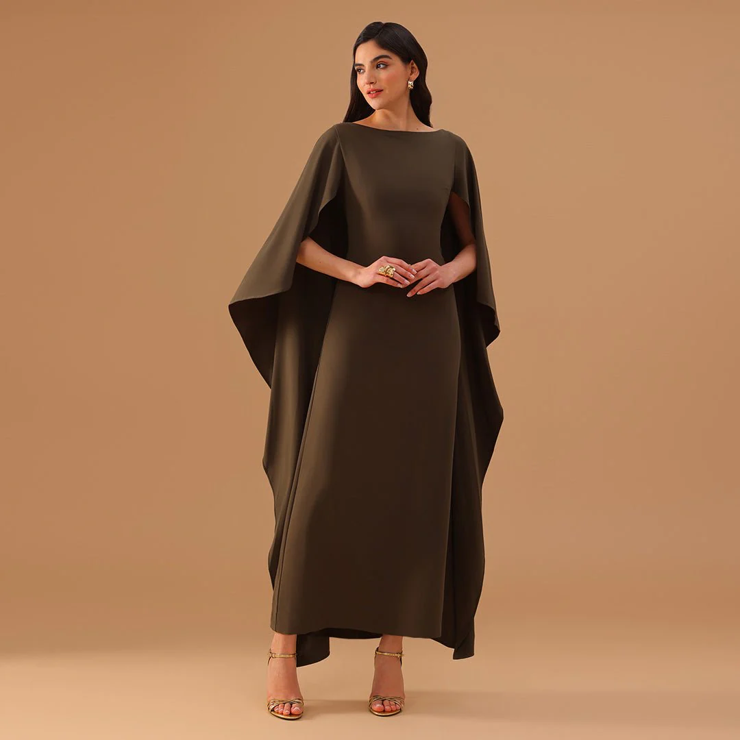 Olive Green Crepe Kaftan with Round Wide Neck - Image 2