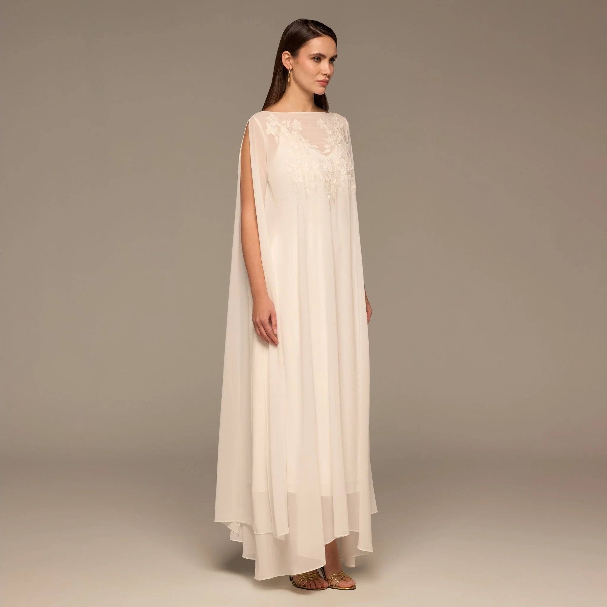 Ivory Satin Dress with Embroidered Chiffon Overlay - Image 2