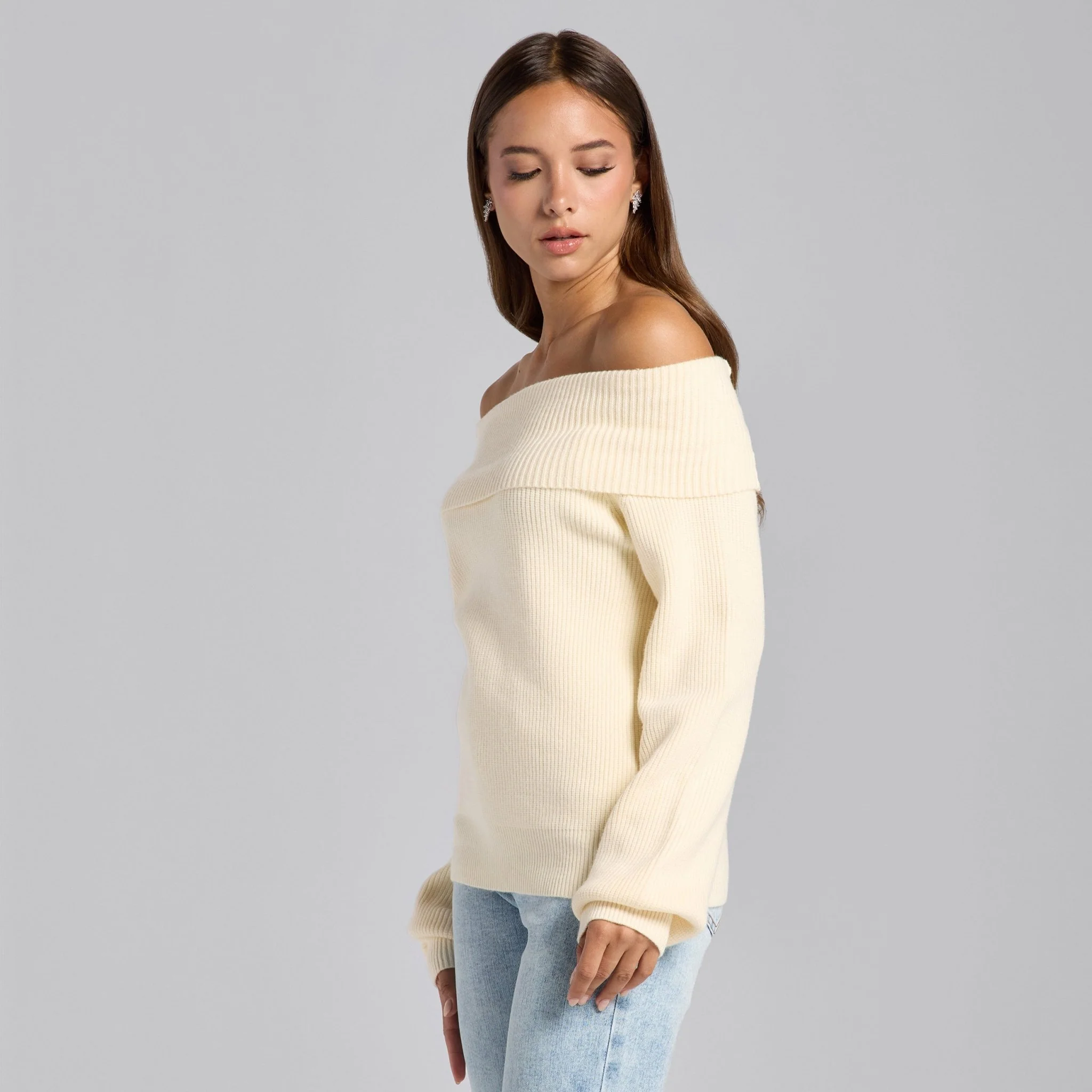 Ivory Knit Fold Off Shoulder Balloon Sleeve Sweater - Image 3