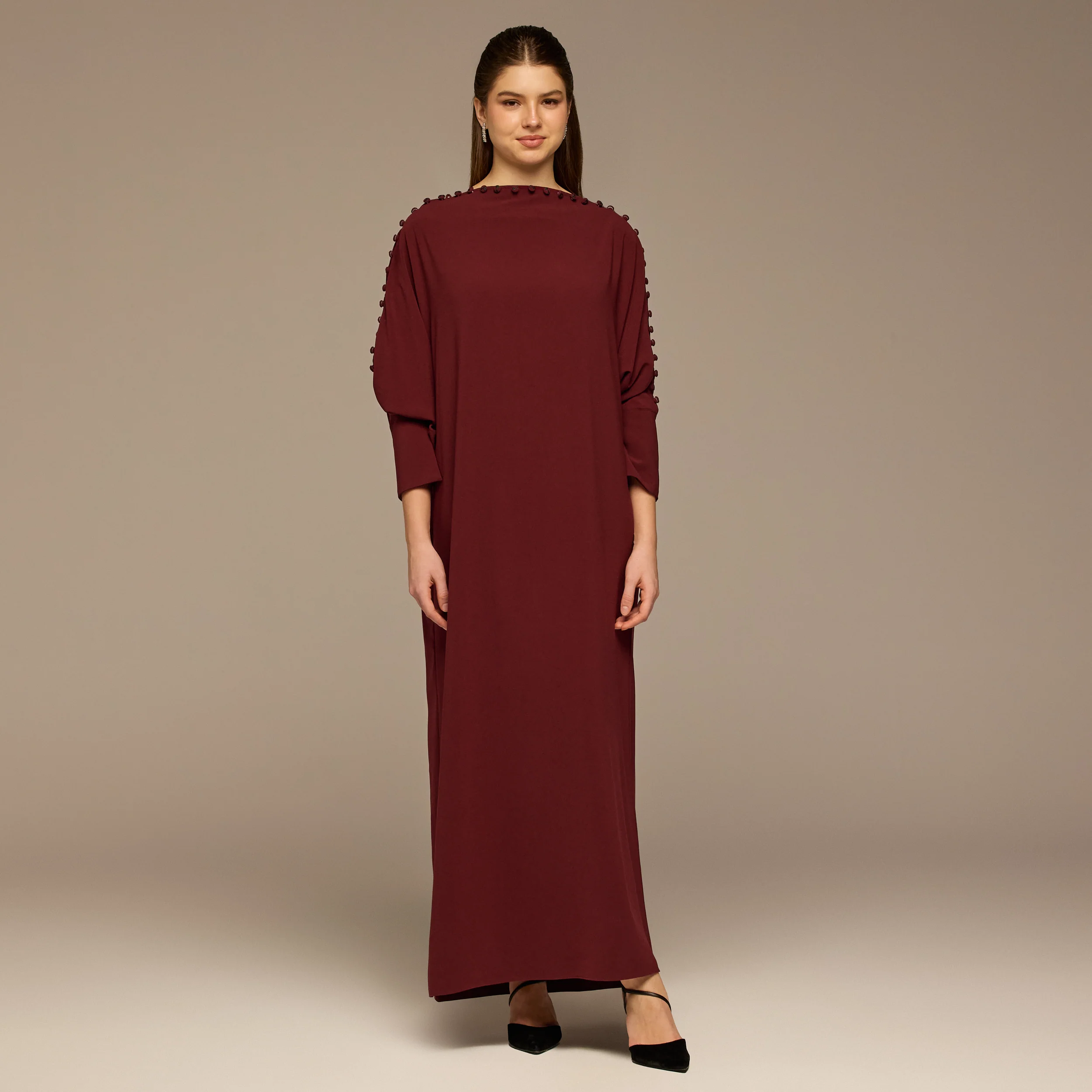 Burgundy Asymmetric Crepe Kaftan - Image 2
