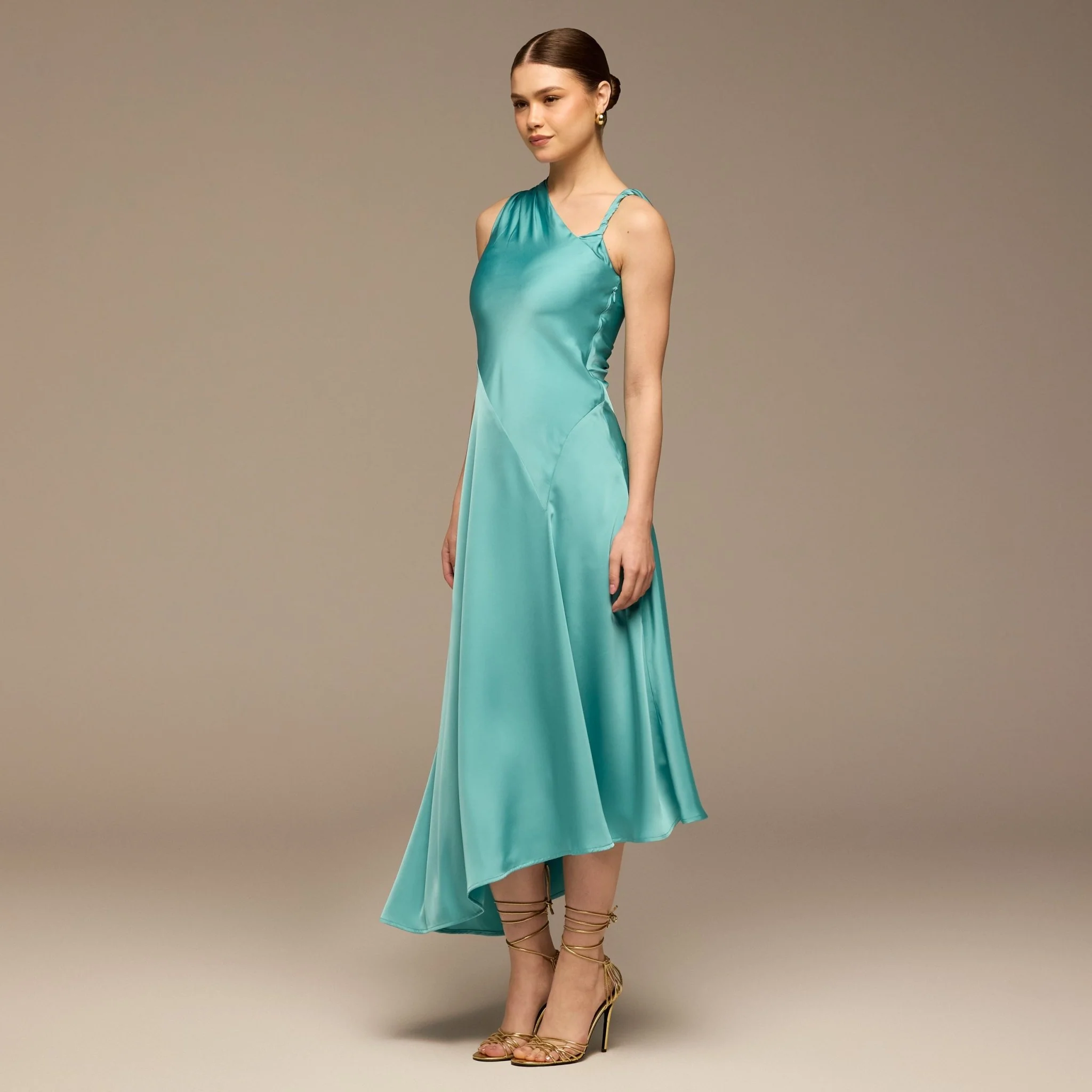 Light Blue Crepe Satin Asymmetrical Dress - Image 2