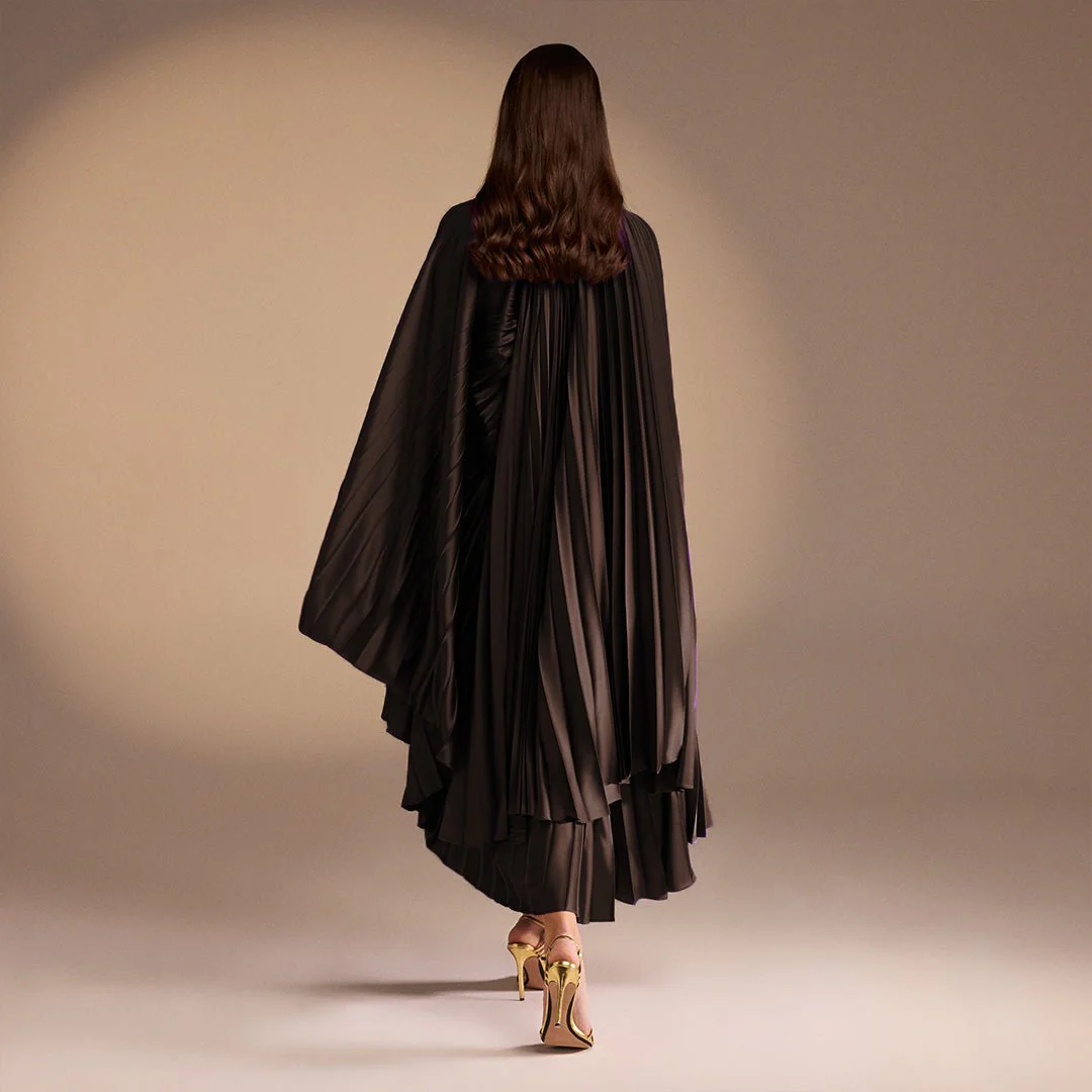 Brown Satin Pleated Cape Midi Dress - Image 4