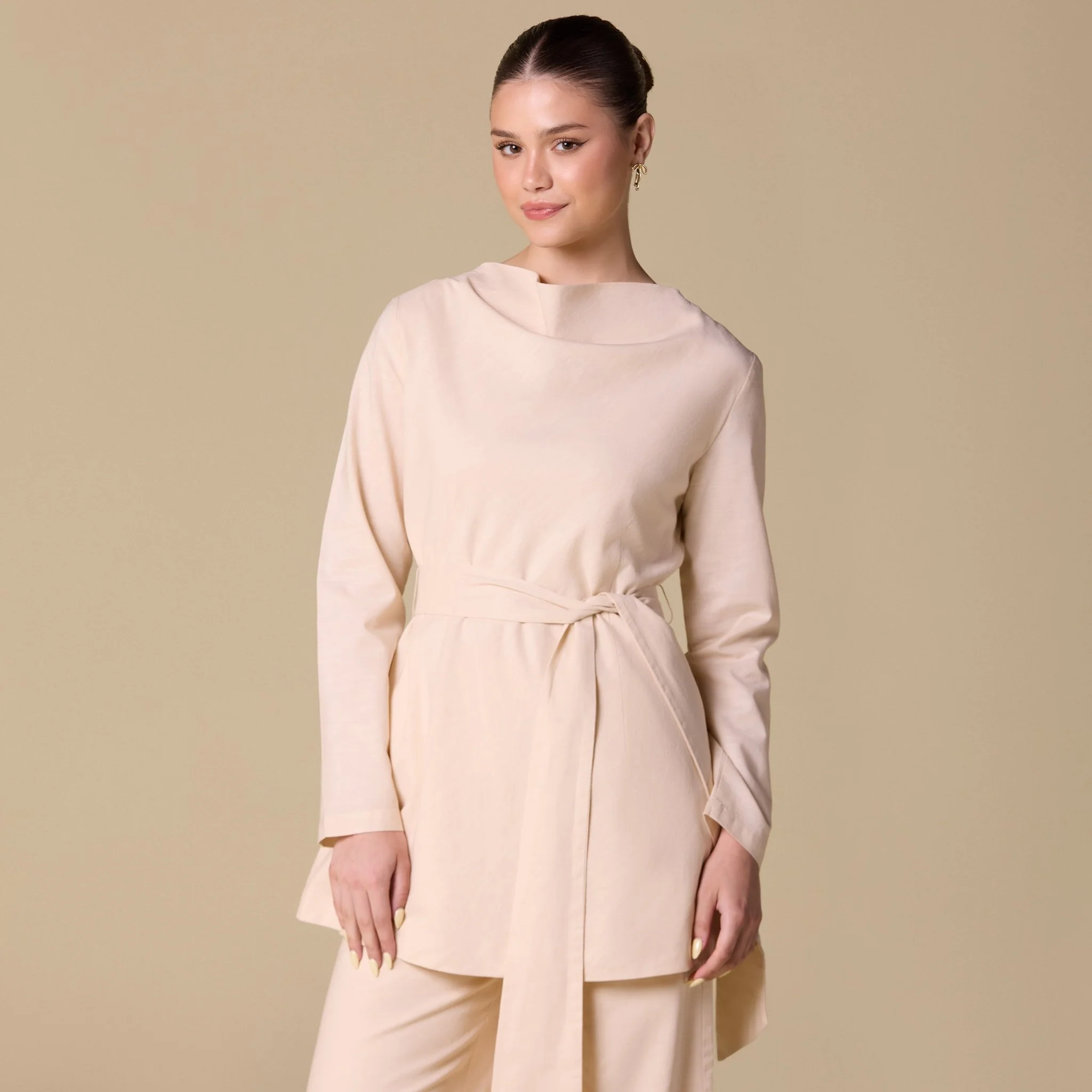 Beige Linen Blend Boat Neck Top with Side Tie