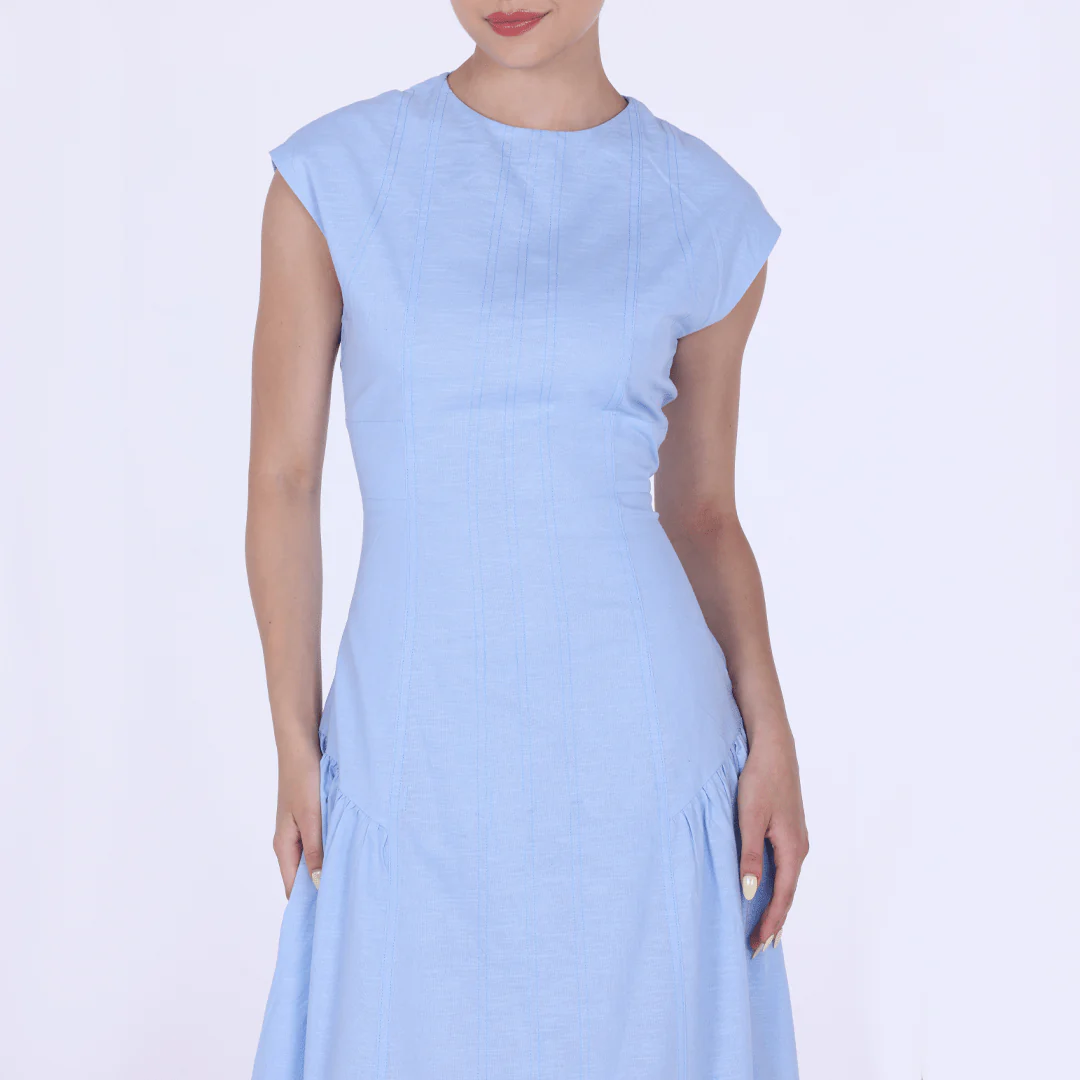 Light Blue Linen Blend Cap Sleeves Stitch A Line Dress - Image 3