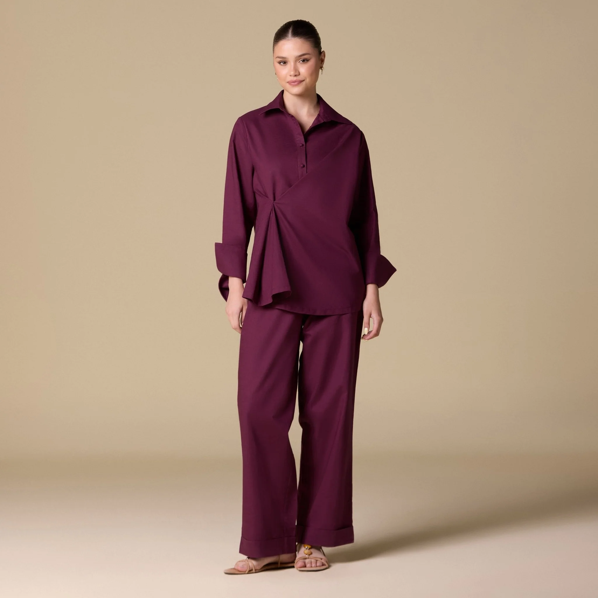 Burgundy Linen Folded Hem Wide Leg Pants - Image 2
