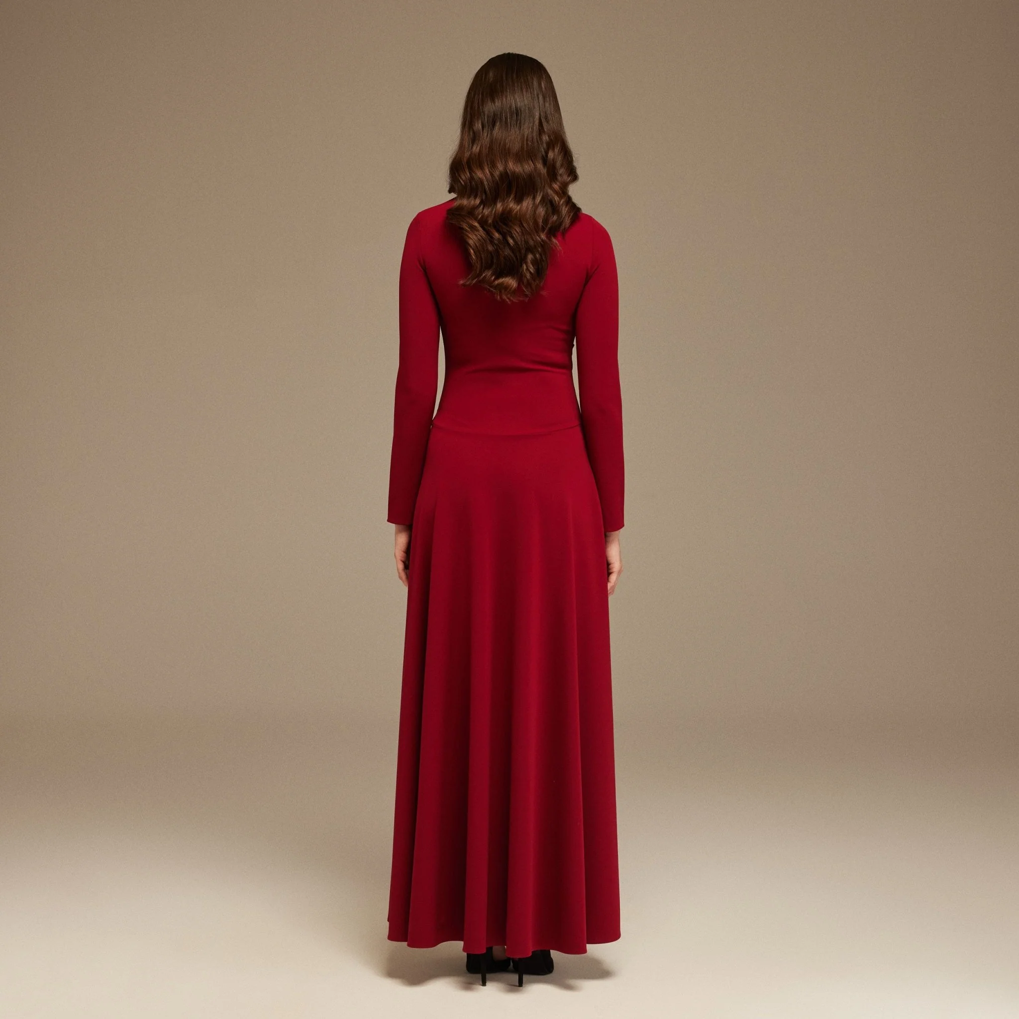 Long-Sleeve Draped Maxi Dress With Asymmetric Hem - Image 4