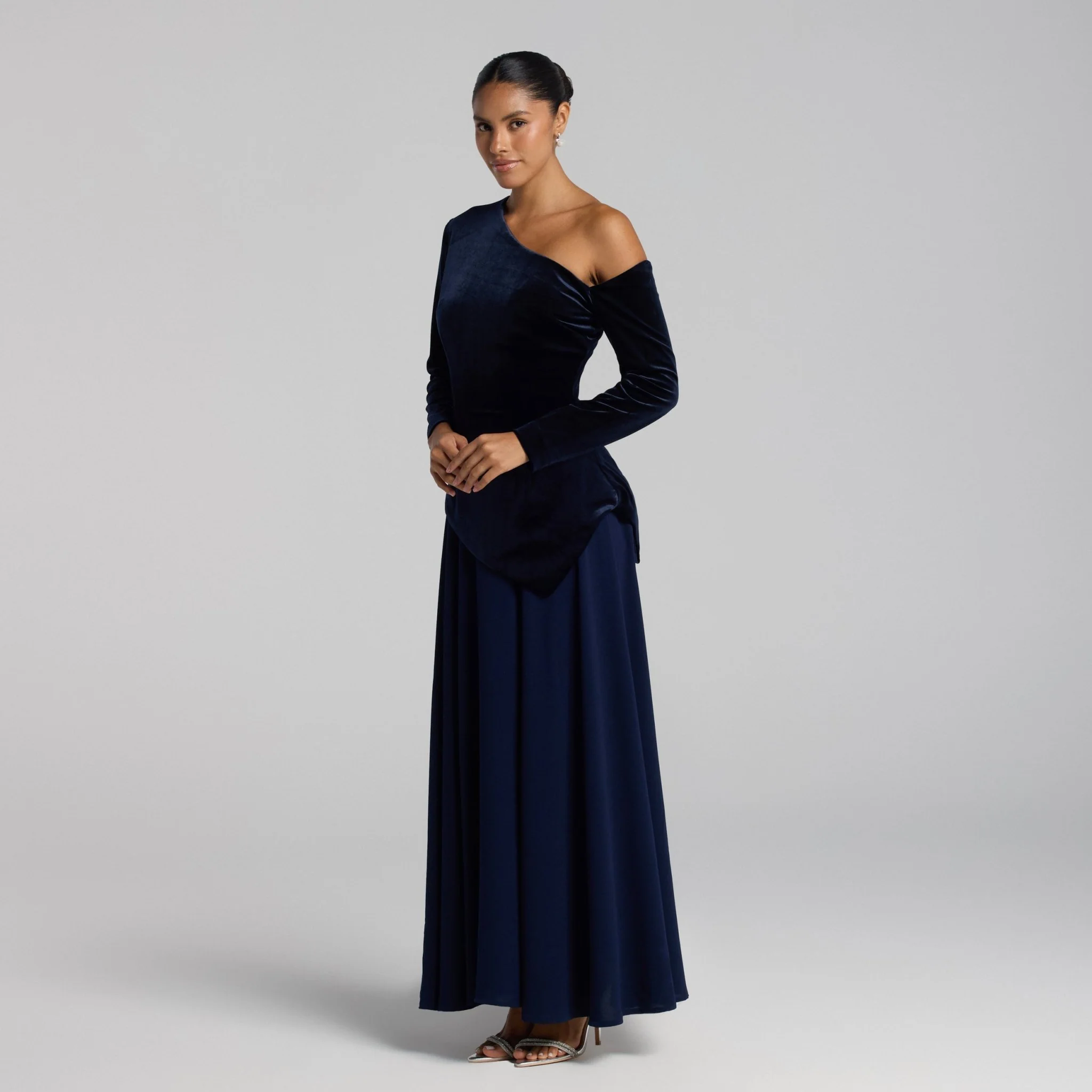 Navy Asymmetric Velvet and Crepe A-Line Dress - Image 2