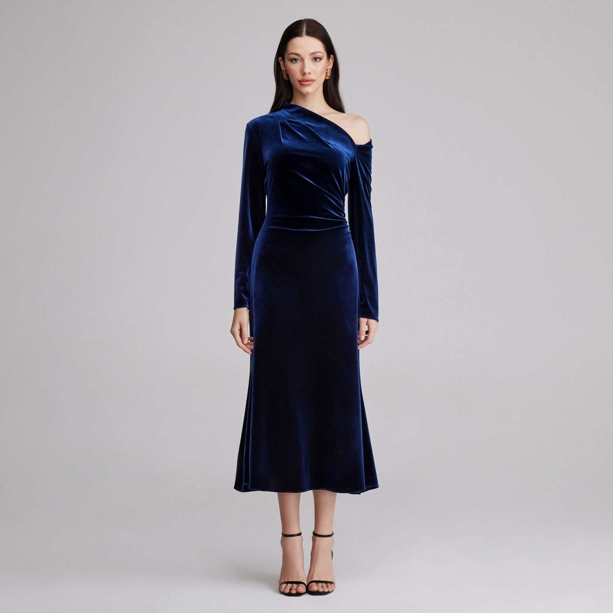 Navy Bare Shoulder Velvet Midi Dress - Image 2