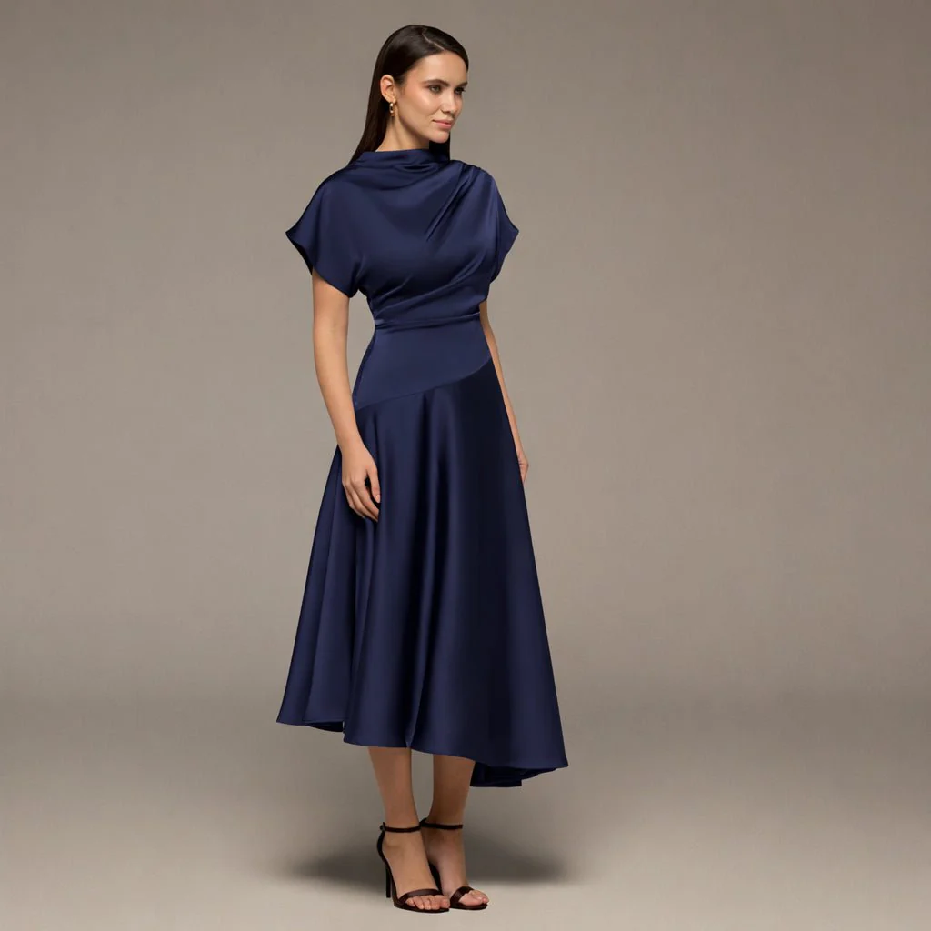 Navy Short Sleeve Asymmetric Satin Dress - Image 2