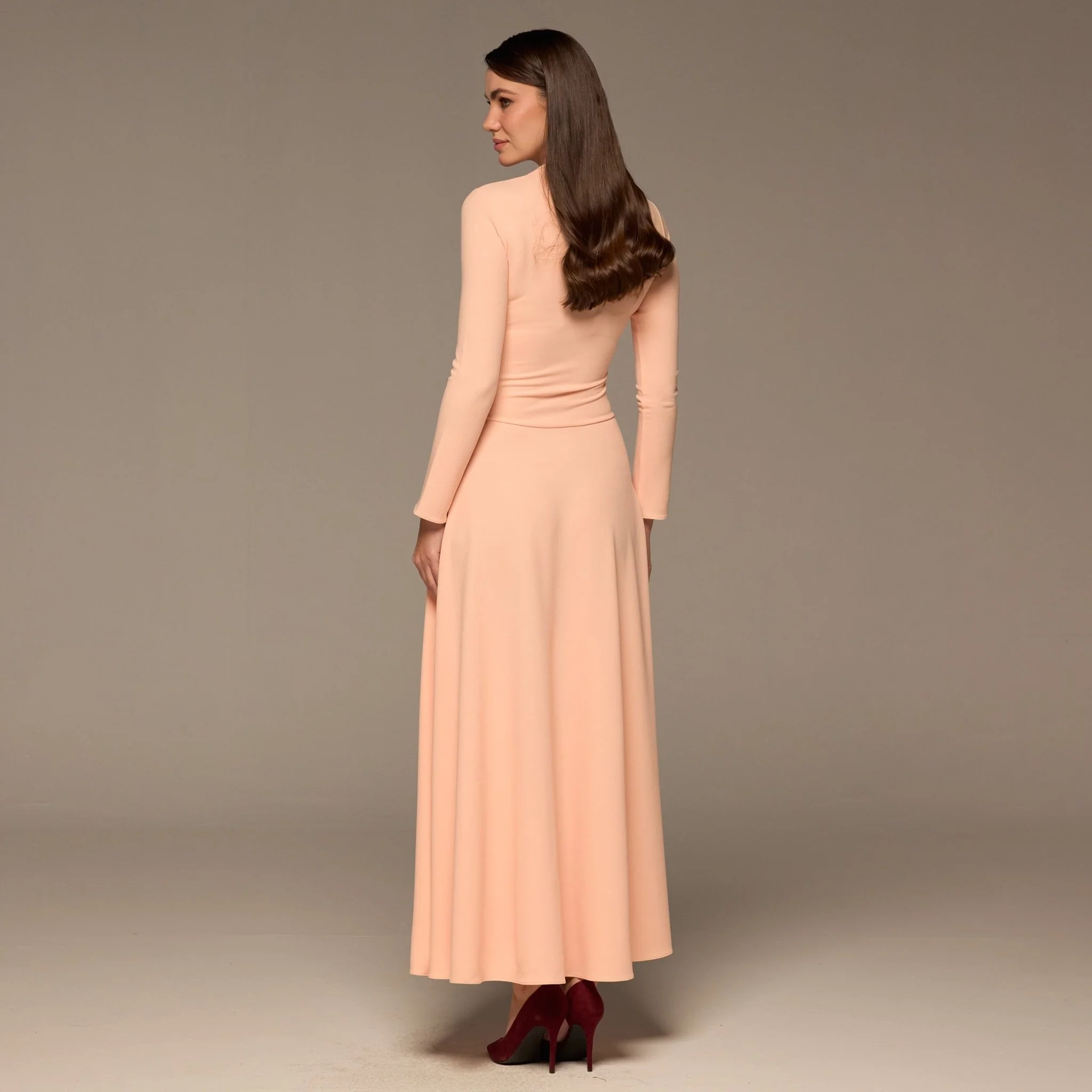 Pink Crepe Draped Asymmetric Neck Maxi Dress - Image 4