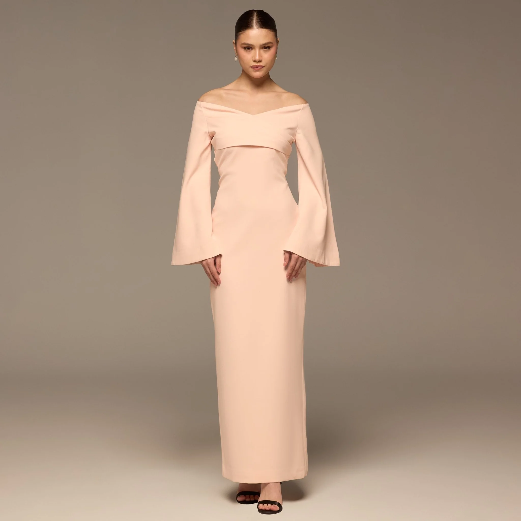 Pink Wide V Neck Crepe Maxi Dress