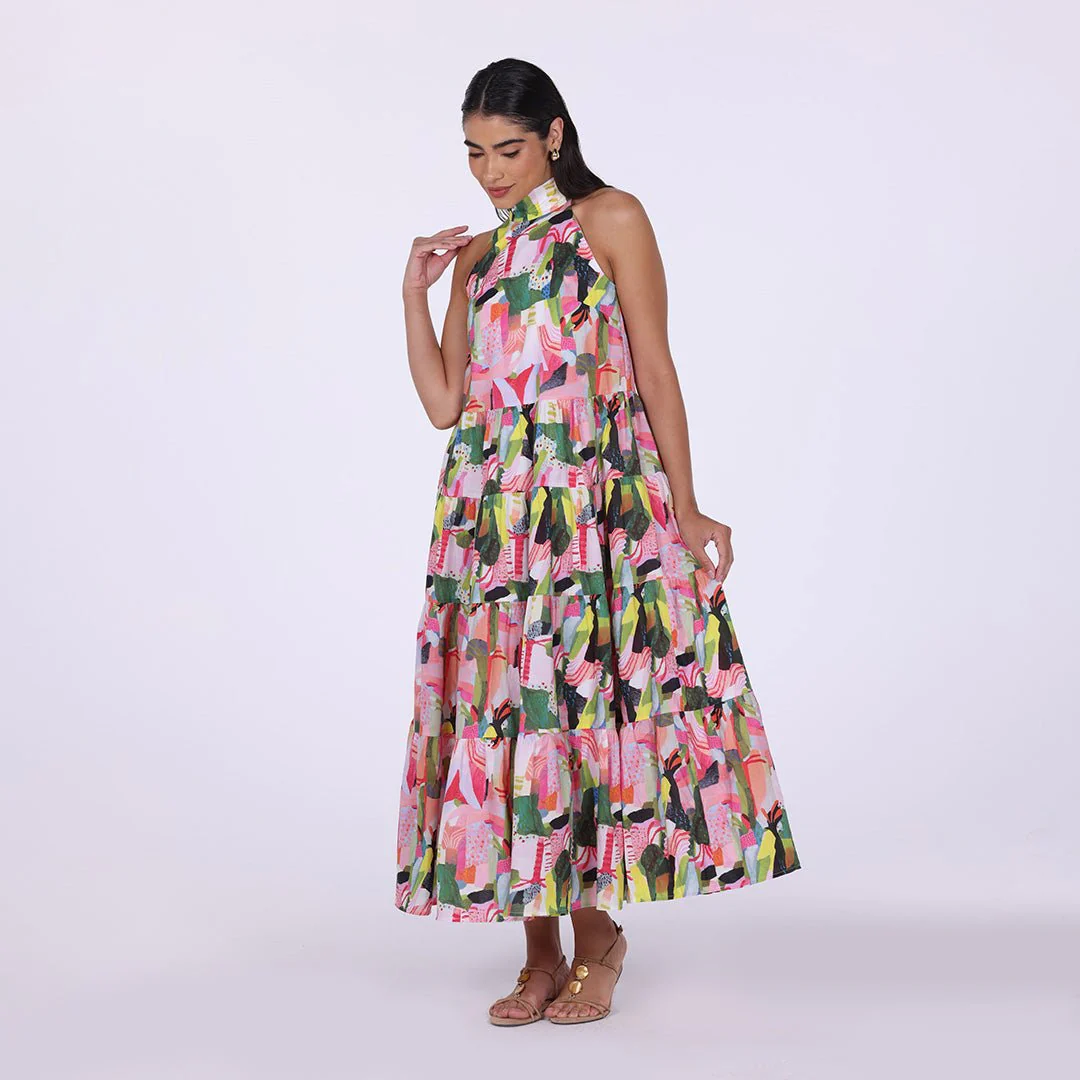 Pink Dress with Green Printed Back Bow Maxi Dress - Image 3