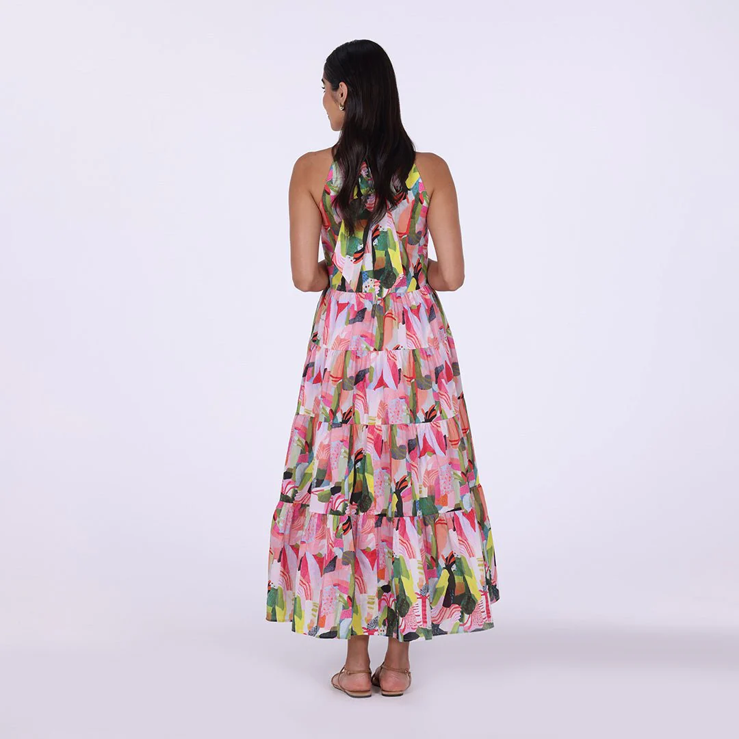Pink Dress with Green Printed Back Bow Maxi Dress - Image 5