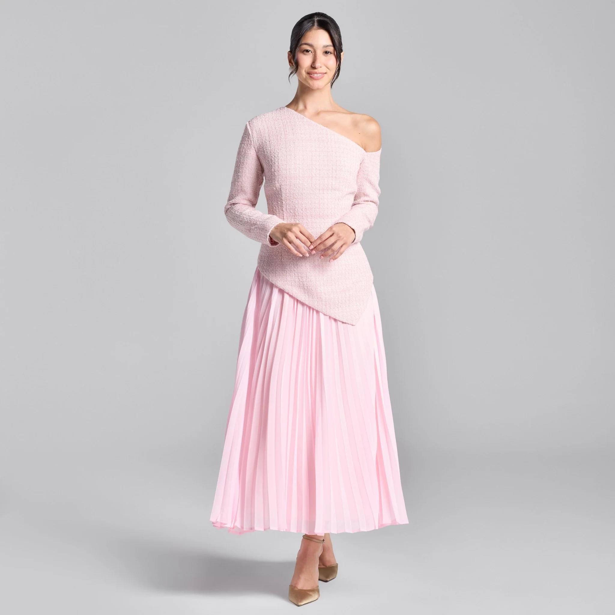 Pink One-Shoulder Tweed-Chiffon Maxi Dress