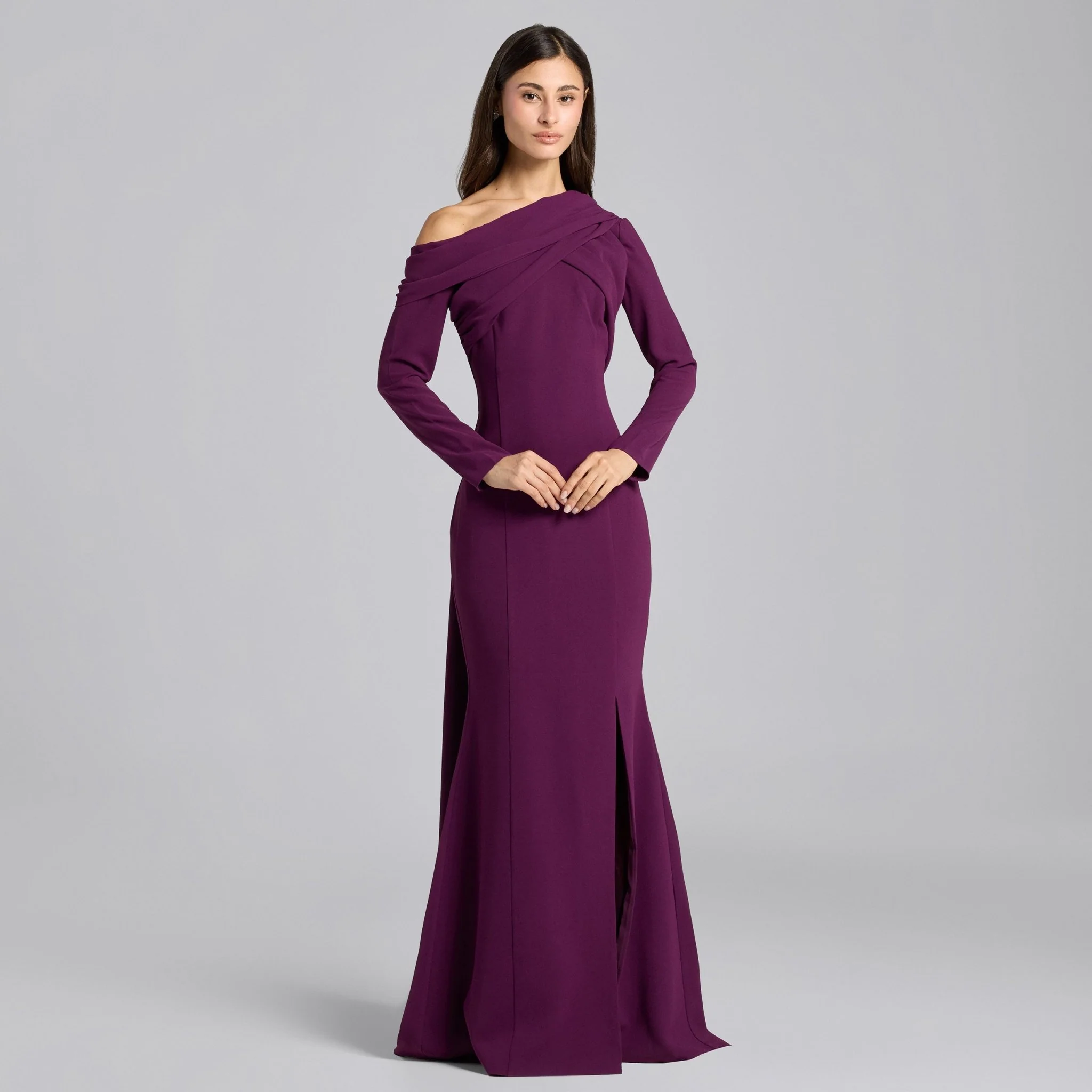 Plum Crepe Draped Mermaid Gown