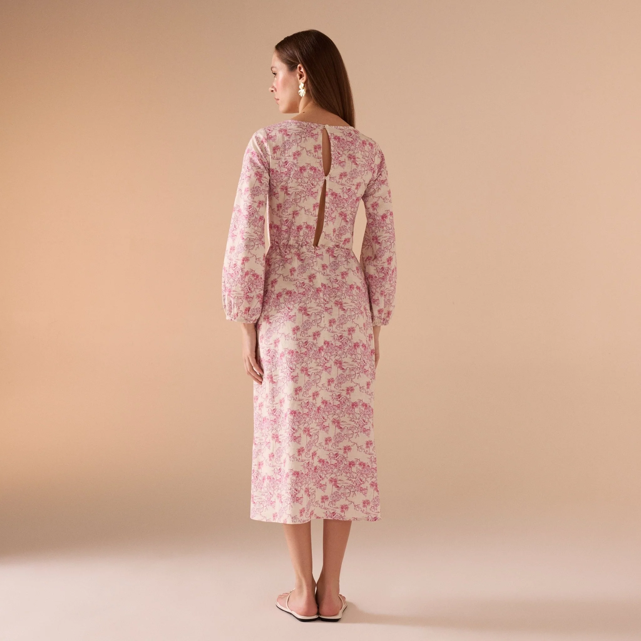 Pink Printed Gathered Waist Midi Dress - Image 3