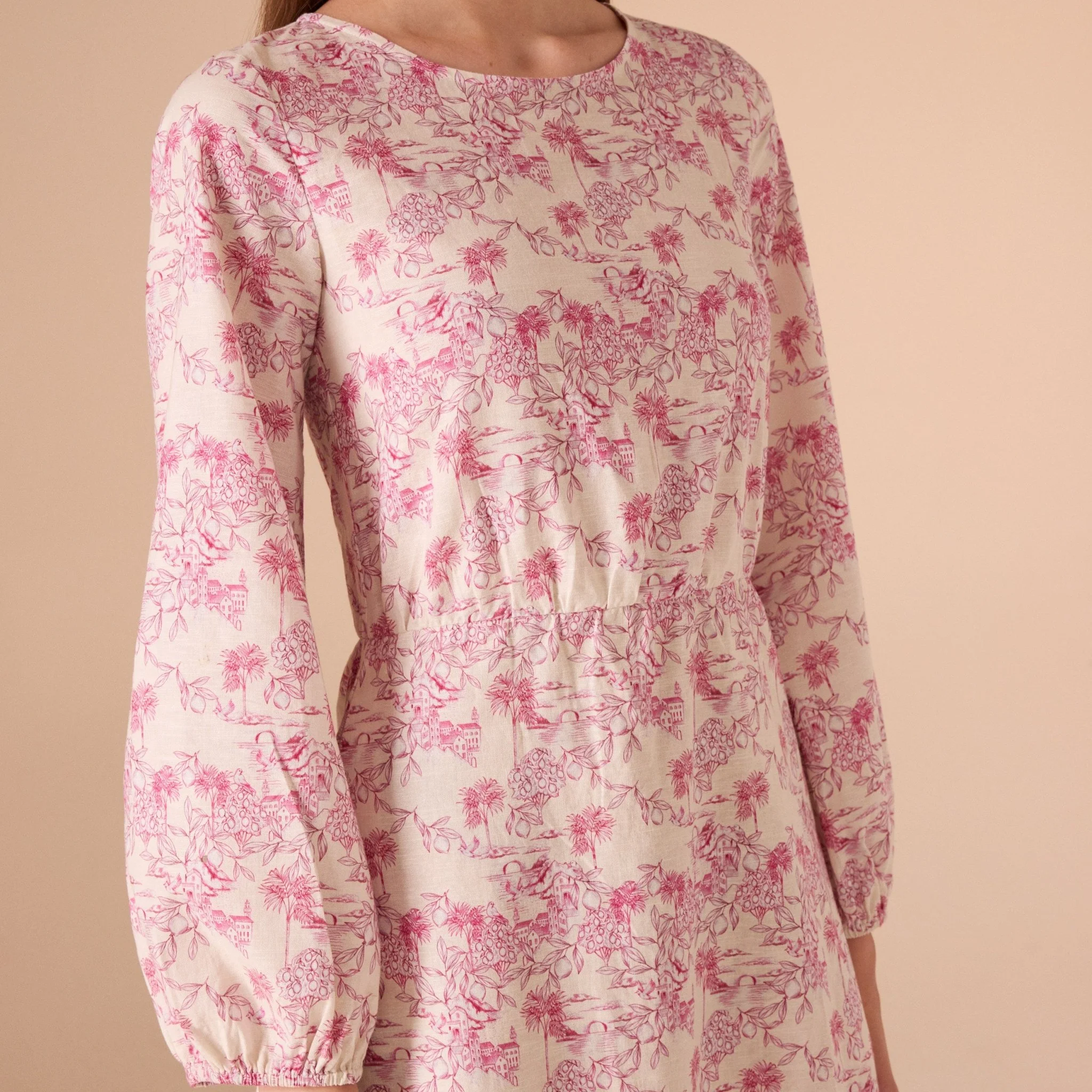 Pink Printed Gathered Waist Midi Dress - Image 4