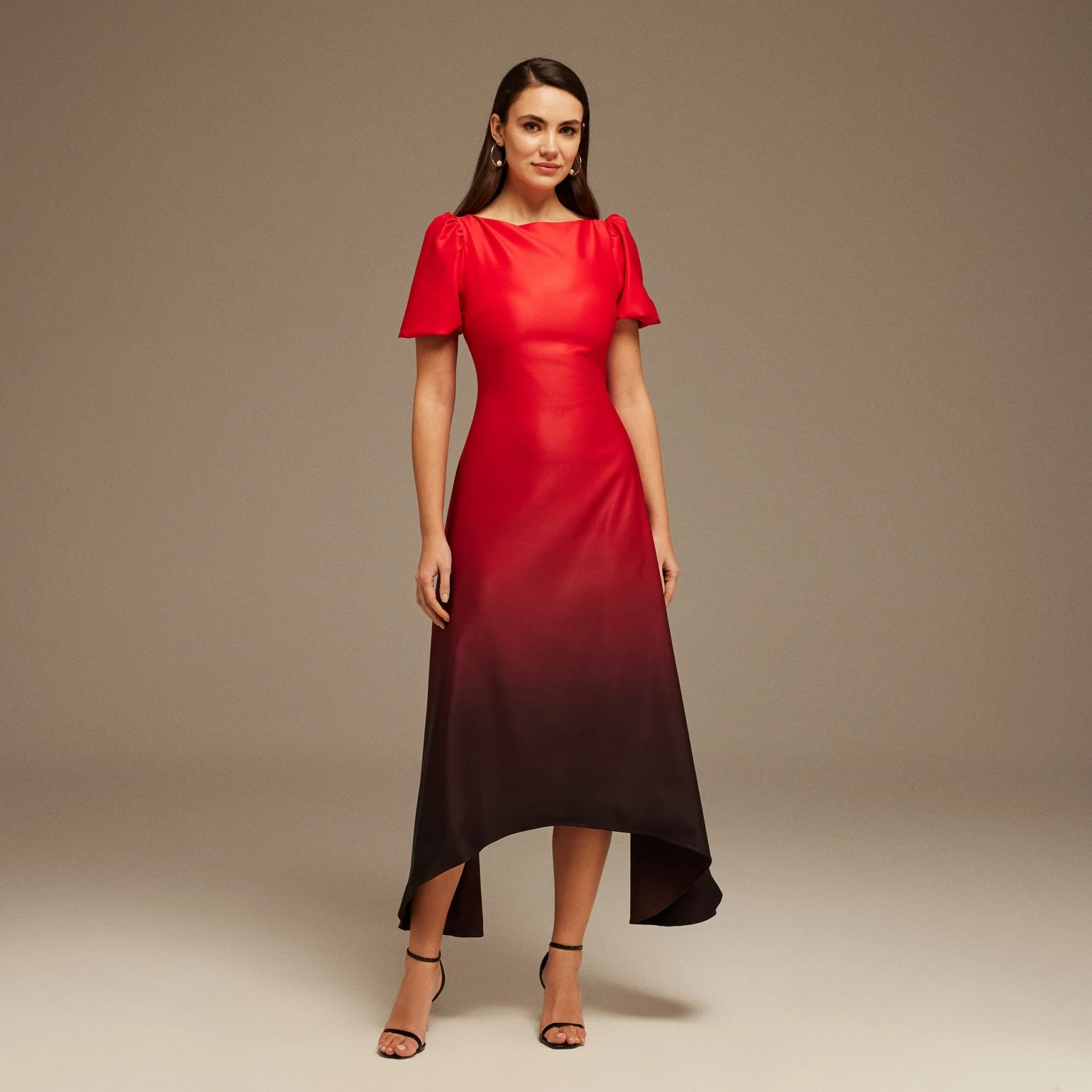 Puff Short Sleeve Crepe Asymmetrical Midi Dress