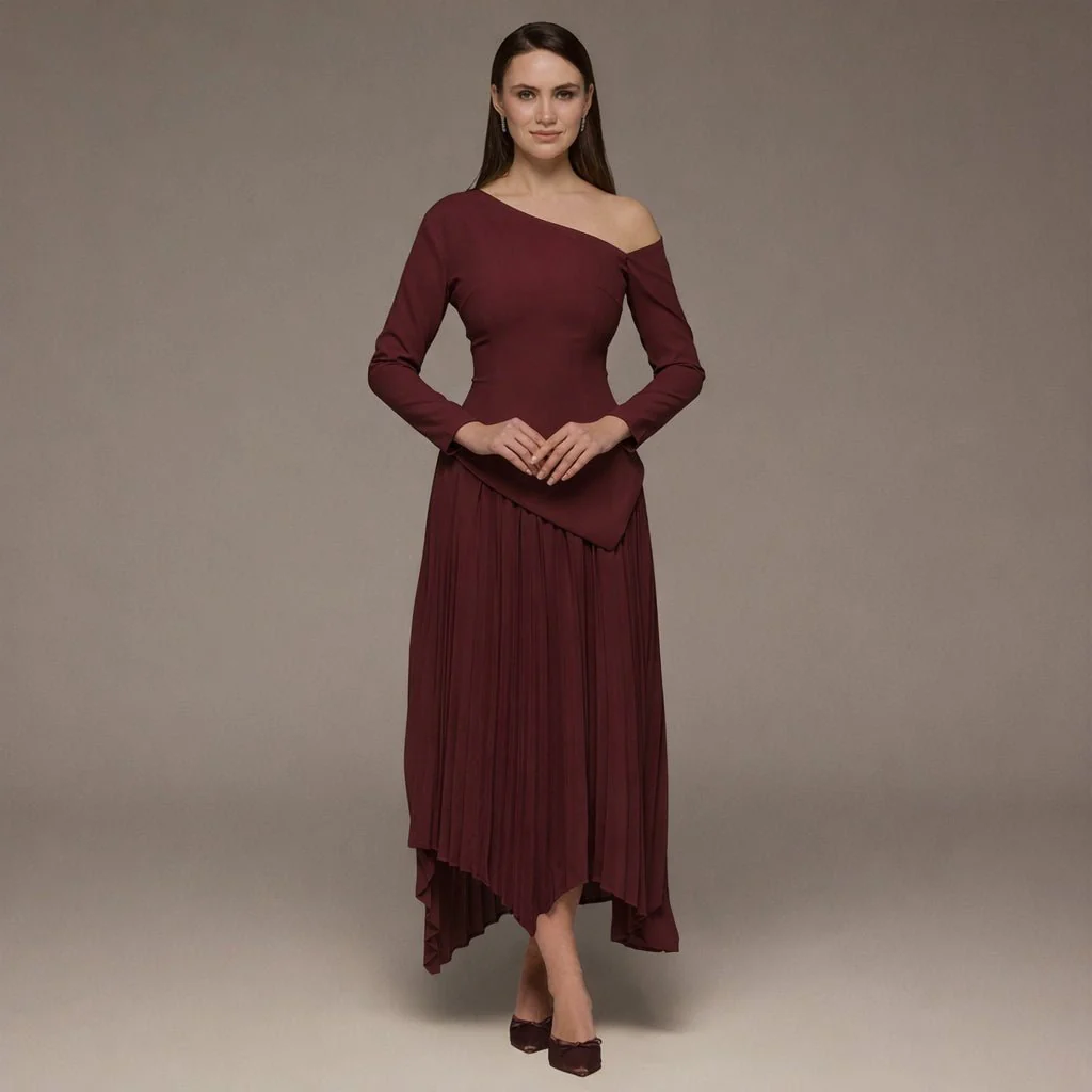 Purple One-shoulder Crepe Dress With Pleated Skirt
