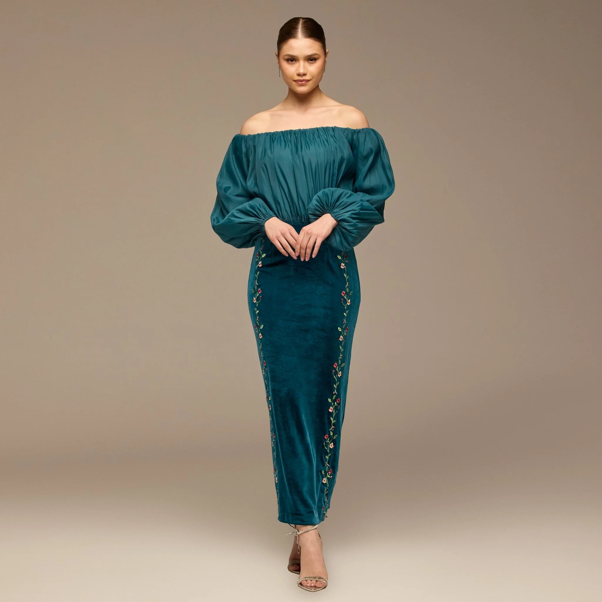 Teal Off-Shoulder Embroidered Organza & Velvet Dress