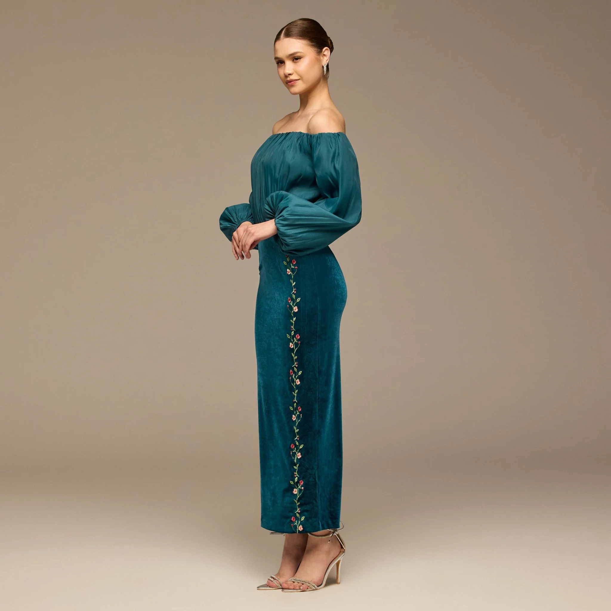 Teal Off-Shoulder Embroidered Organza & Velvet Dress - Image 2